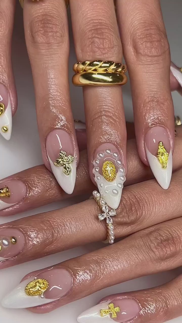 Hand-Painted Religious Baroque 3D Gold Charm Long Stiletto Press On Nails - Luxury Pearl Wedding, Gothic Bridal, and Elegant Event Nail Art