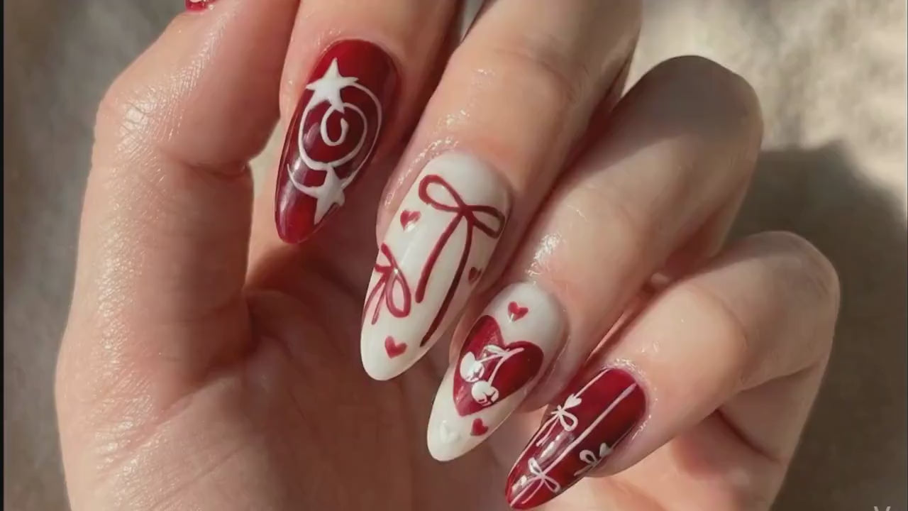 Crimson Valentine Bow Press On Nails for Romantic Girls | Handmade Ribbon & Star Fake Nails | Cream Red Vintage Heart Nail Art