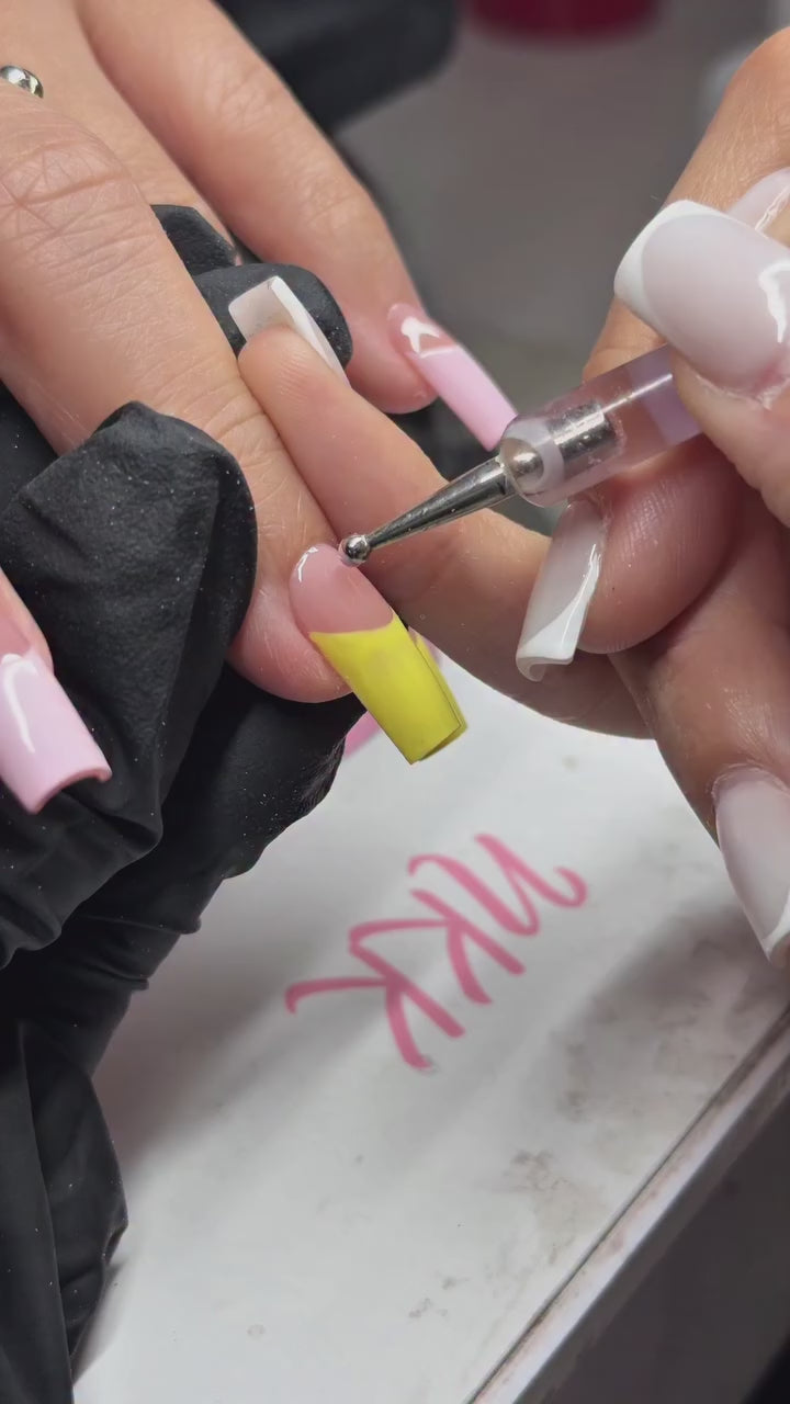 Handmade Pastel Yellow & Pink Polka Dot Press On Nails - Long Square Retro French Tip Nails - Cute Spring Summer Pop Art Fake Nails