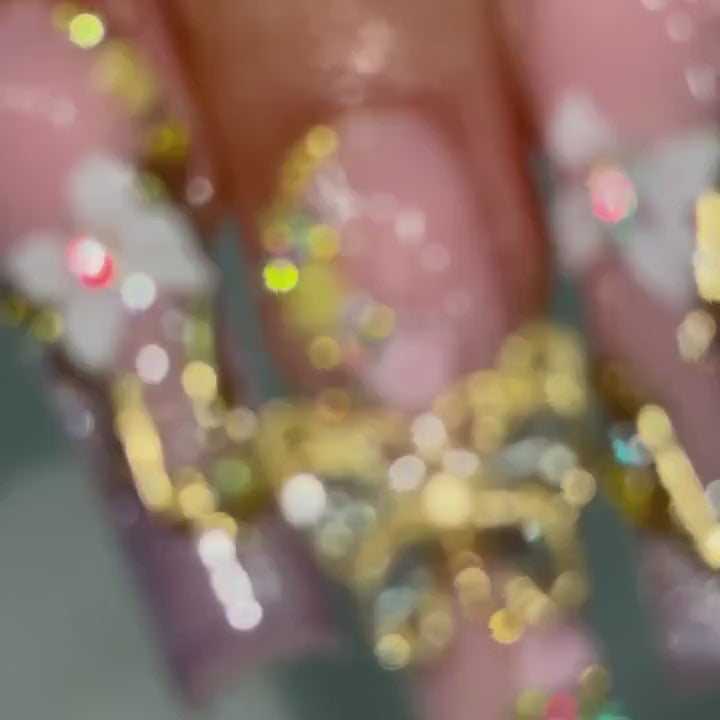 Pastel Garden Bloom Press On Nails | 3D Pink Floral Nails with Gold Butterfly | Mint Green French Tips Gems | Bridal Nails