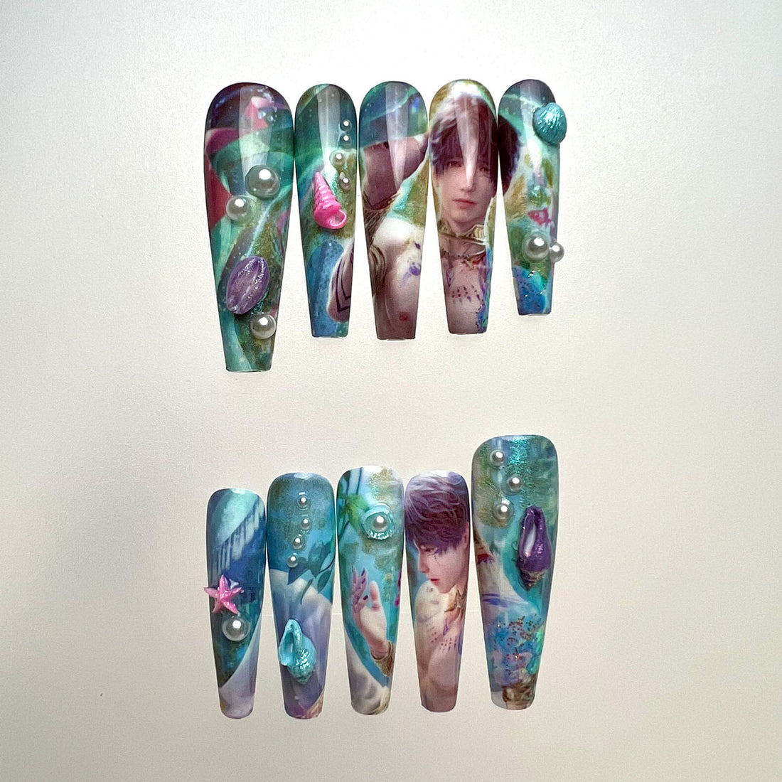 Mermaid Prince Nails – Fantasy Ocean Press-On Nail Set, Pearl Seashell Edition | Dragonnail