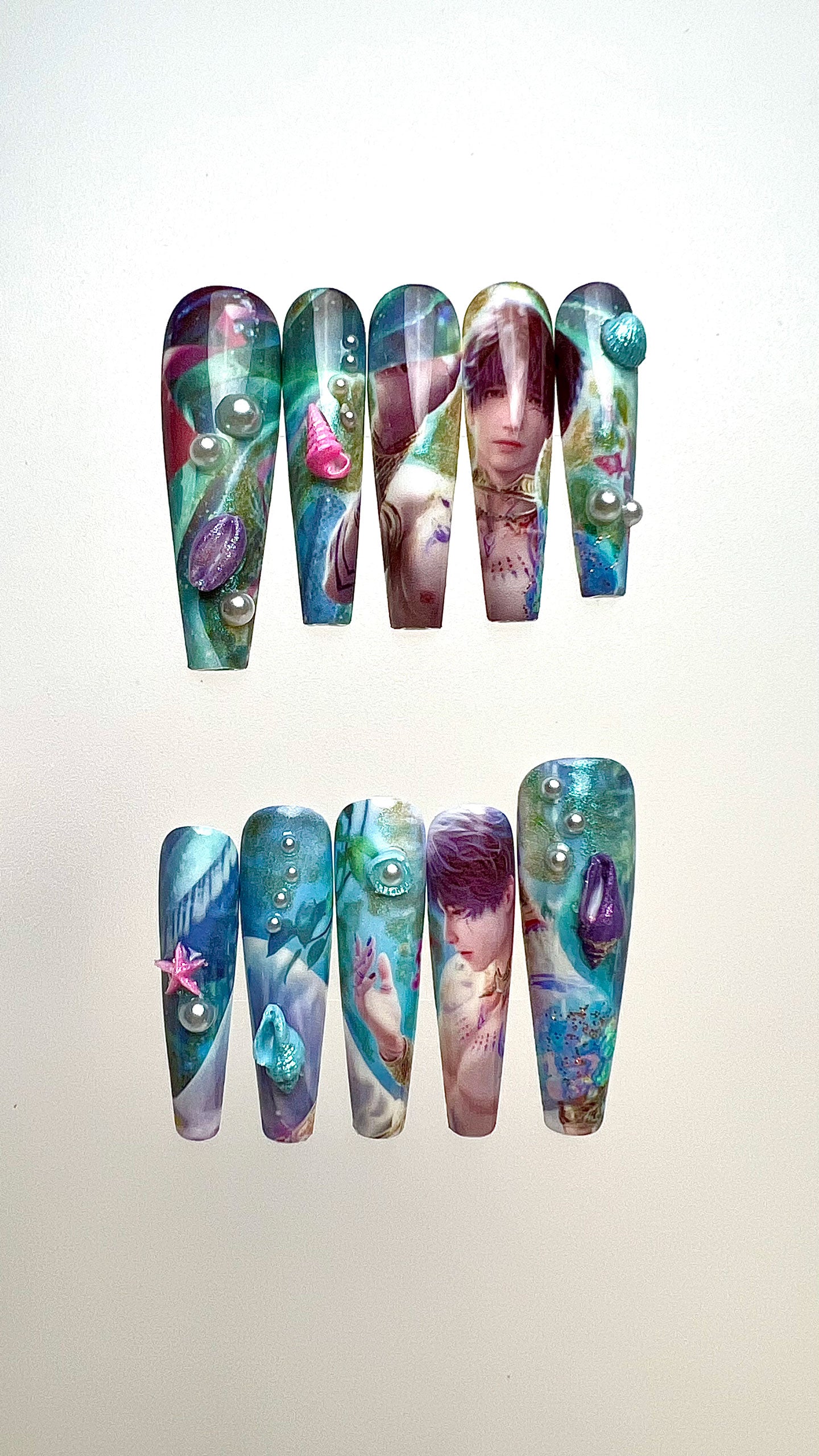 Mermaid Prince Nails – Fantasy Ocean Press-On Nail Set, Pearl Seashell Edition | Dragonnail
