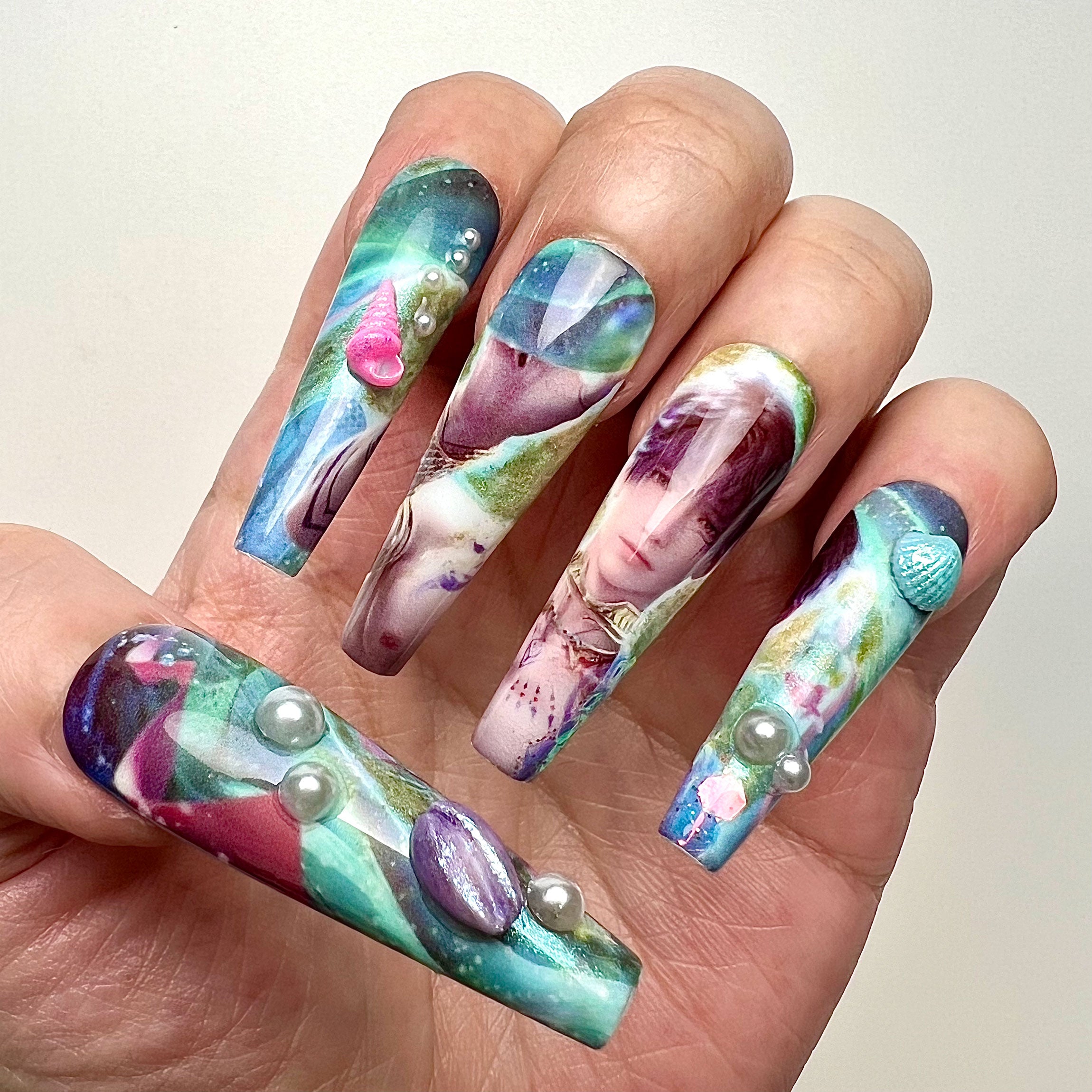 Mermaid Prince Nails – Fantasy Ocean Press-On Nail Set, Pearl Seashell Edition | Dragonnail