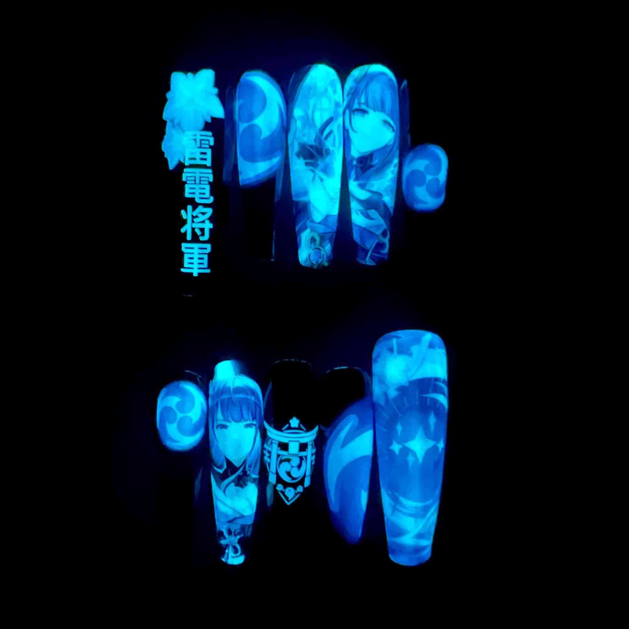 Raiden Shogun Nails – Glow-in-the-Dark Genshin Impact Press-On Set, Blue Electro Aura Design | Dragonnail
