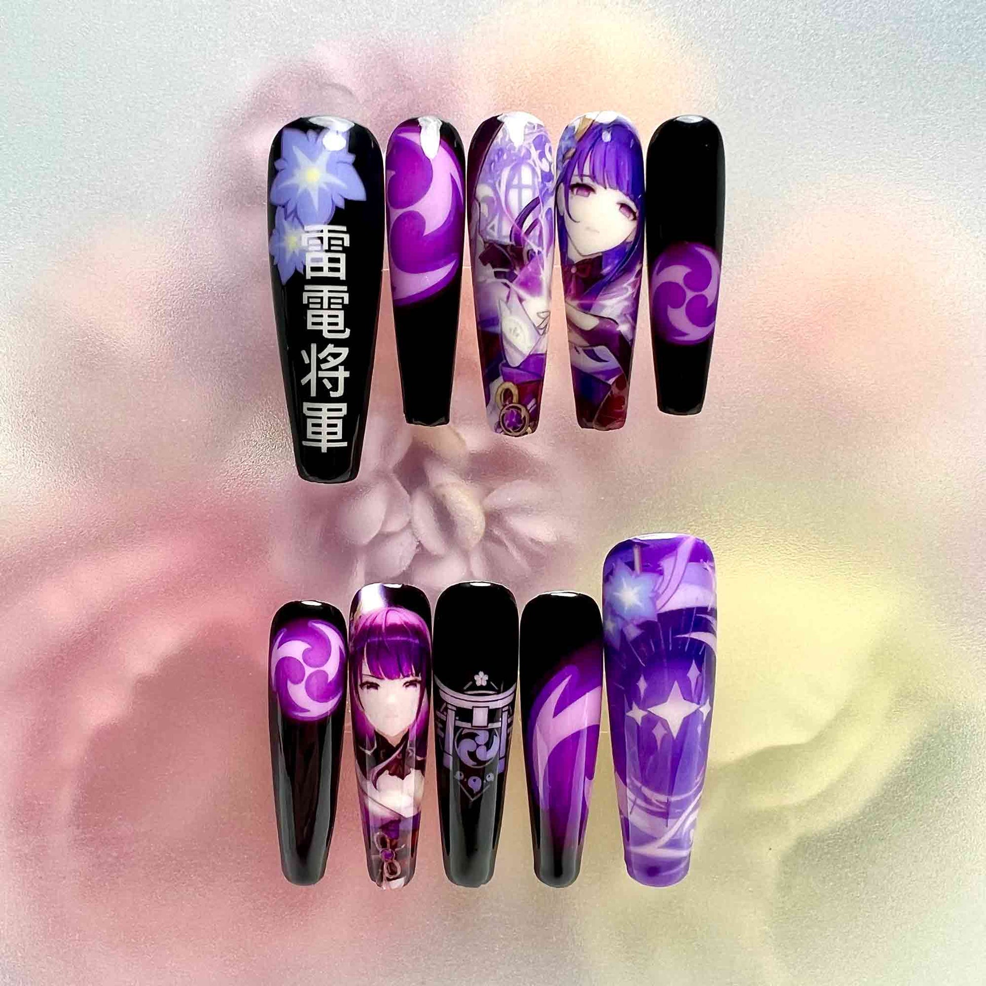 Raiden Shogun Nails – Glow-in-the-Dark Genshin Impact Press-On Set, Blue Electro Aura Design | Dragonnail