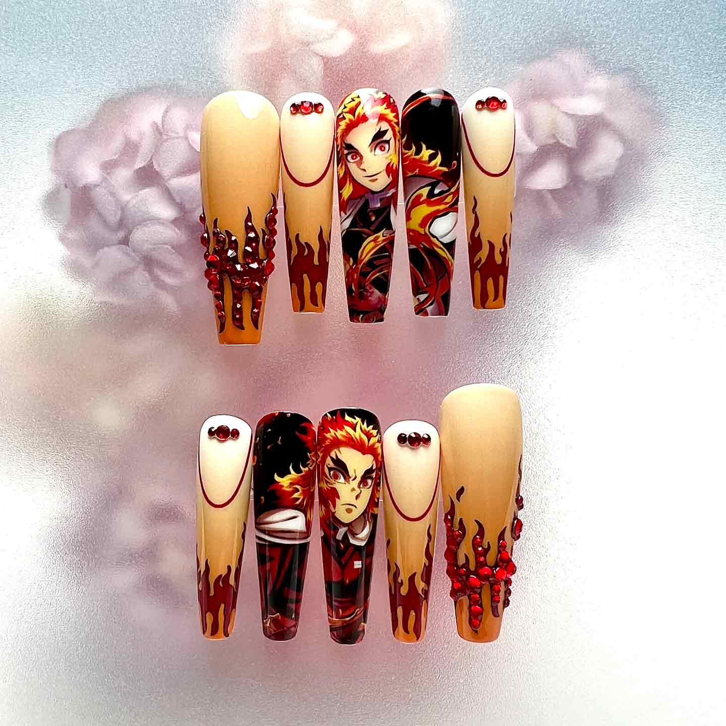 Kyōjurō Rengoku Nails – Demon Slayer KNY Press-On Set, 3D Red Gem &amp; Flame Hashira Anime Design | Dragonnail
