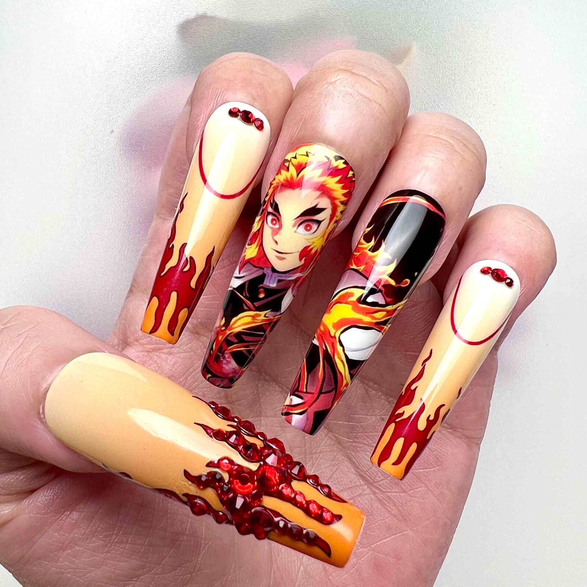 Kyōjurō Rengoku Nails – Demon Slayer KNY Press-On Set, 3D Red Gem &amp; Flame Hashira Anime Design | Dragonnail