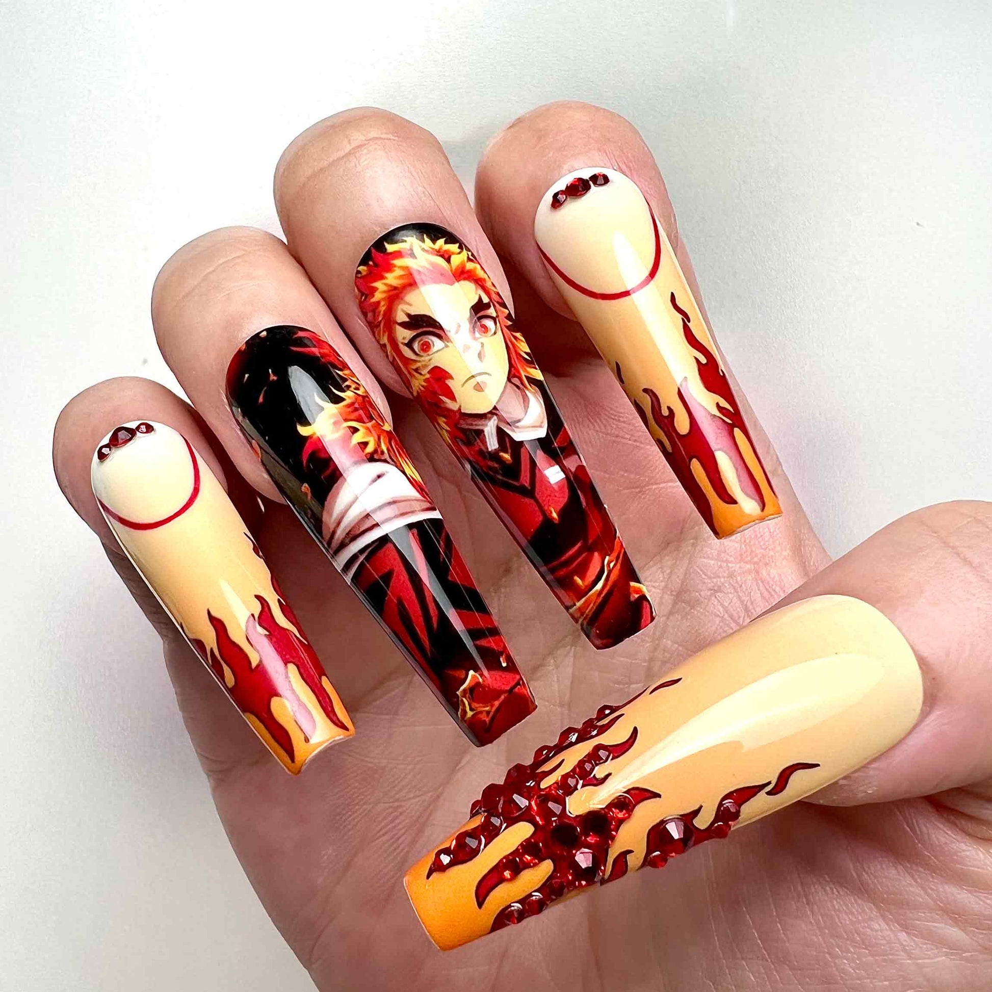 Kyōjurō Rengoku Nails – Demon Slayer KNY Press-On Set, 3D Red Gem &amp; Flame Hashira Anime Design | Dragonnail