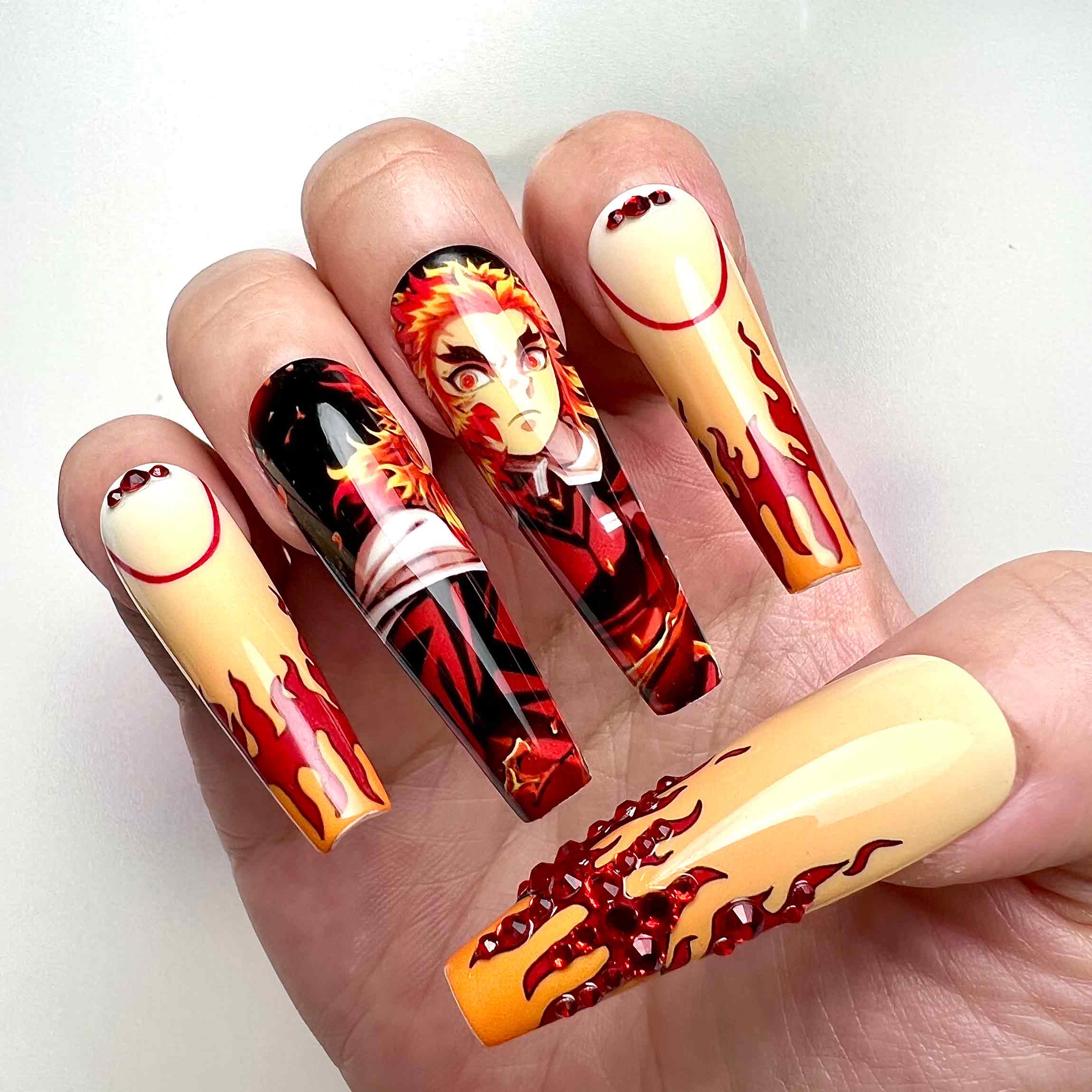 Kyōjurō Rengoku Nails – Demon Slayer KNY Press-On Set, 3D Red Gem &amp; Flame Hashira Anime Design | Dragonnail
