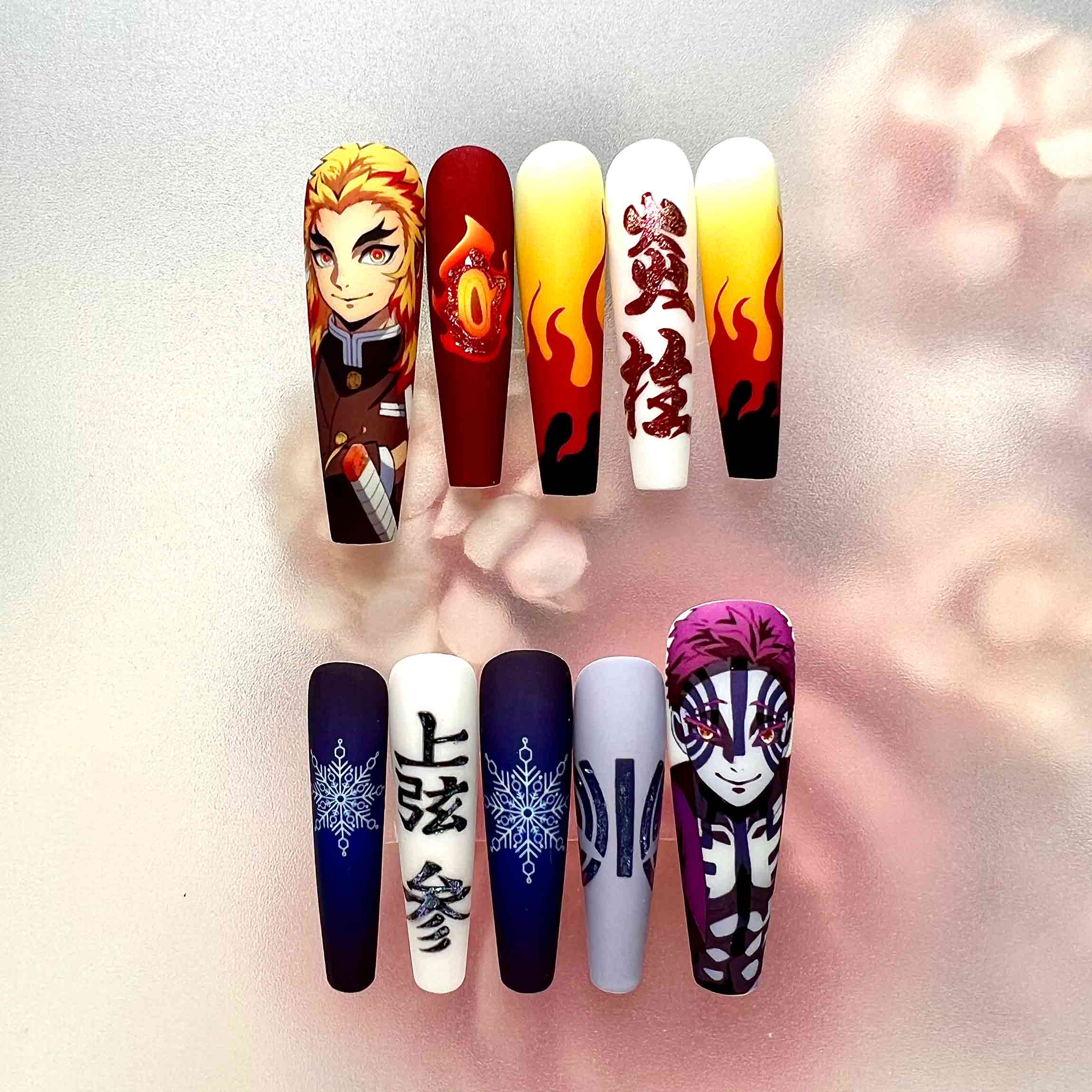 Rengoku vs. Akaza Nails – Demon Slayer KNY Press-On Set, Flame &amp; Snowflake Upper Moon 3 Split Design | Dragonnail