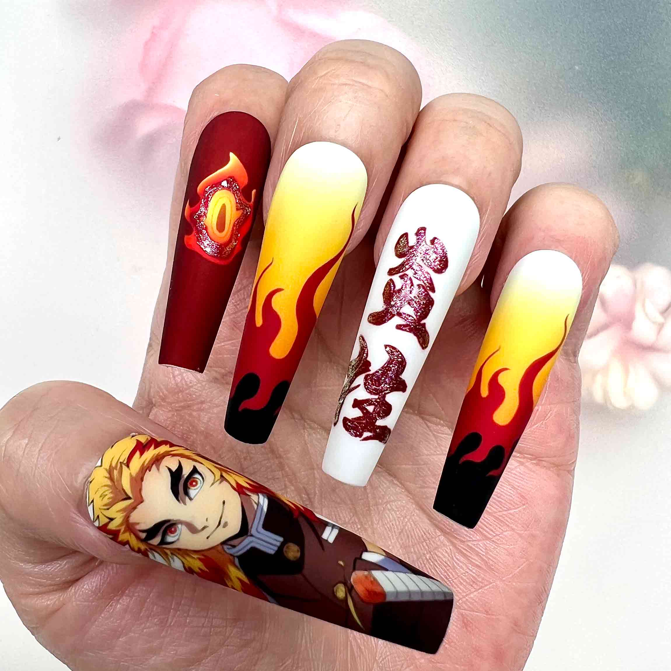 Rengoku vs. Akaza Nails – Demon Slayer KNY Press-On Set, Flame &amp; Snowflake Upper Moon 3 Split Design | Dragonnail