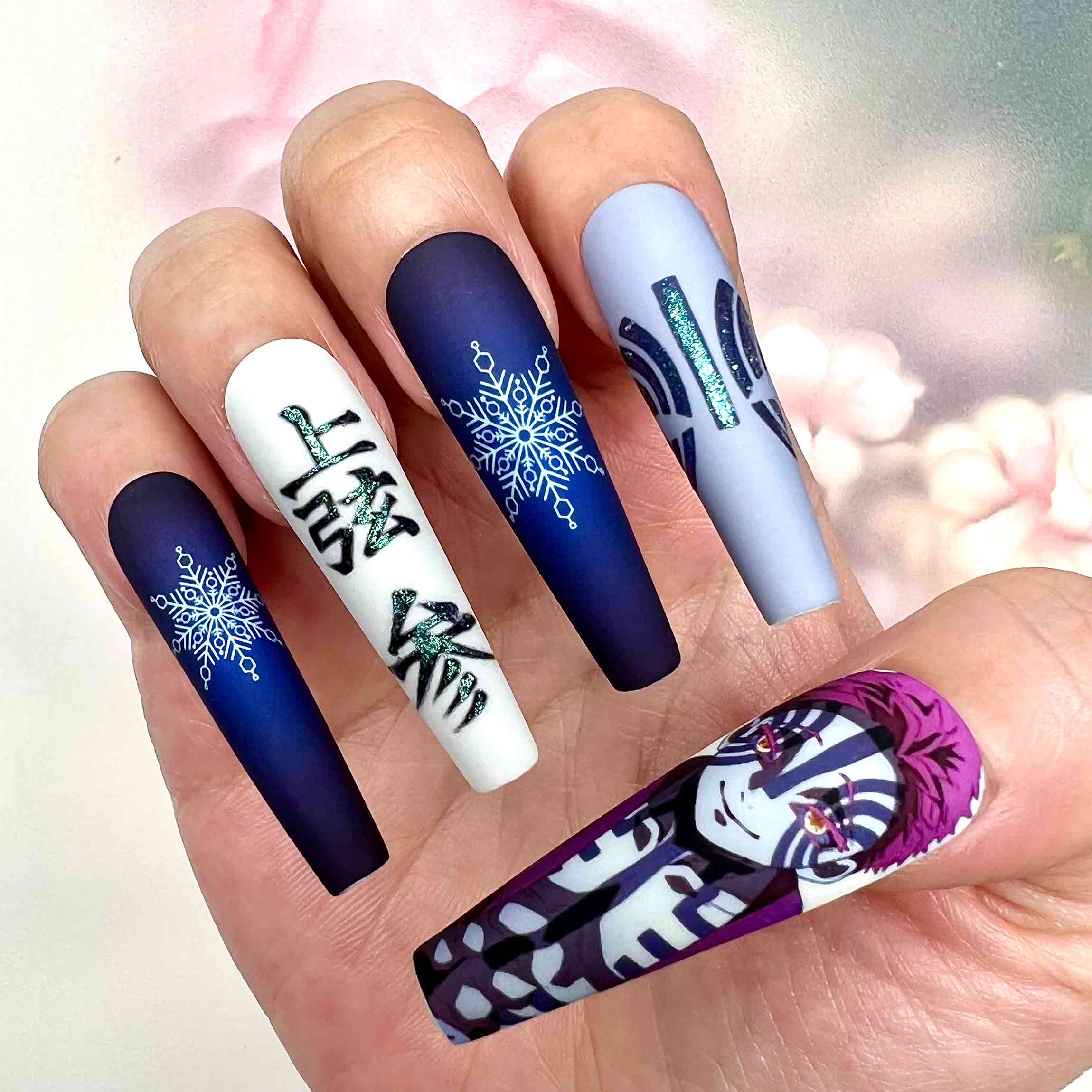 Rengoku vs. Akaza Nails – Demon Slayer KNY Press-On Set, Flame &amp; Snowflake Upper Moon 3 Split Design | Dragonnail