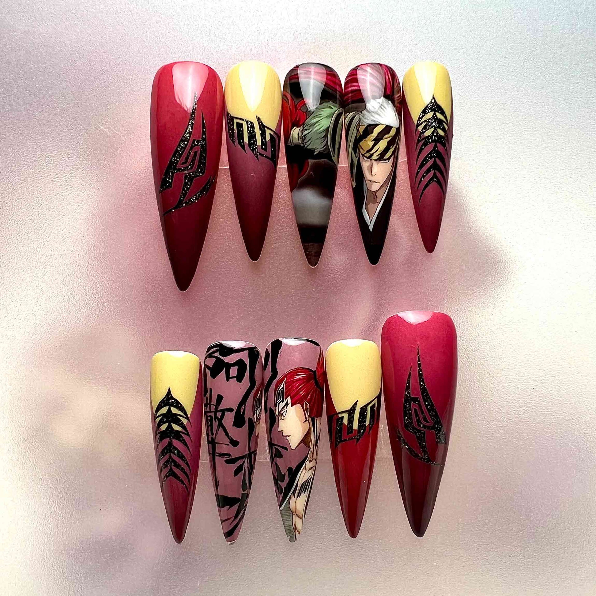 Renji Abarai Nails – Bleach Anime Press-On Set, Red &amp; Black Zabimaru Anime Design | Dragonnail