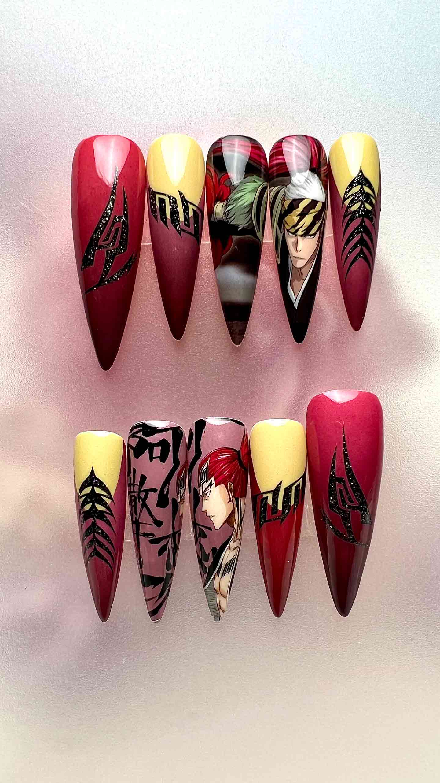 Renji Abarai Nails – Bleach Anime Press-On Set, Red &amp; Black Zabimaru Anime Design | Dragonnail