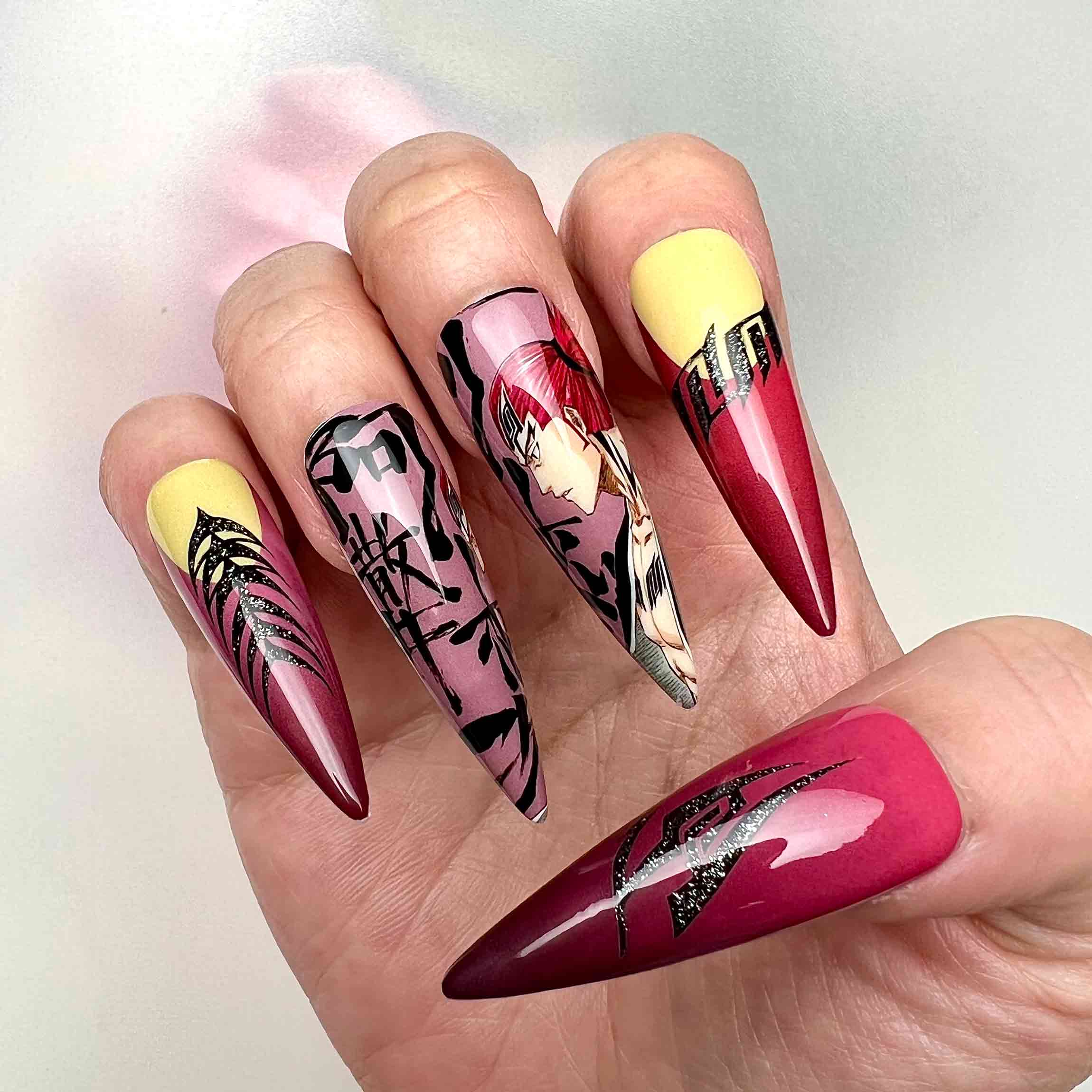 Renji Abarai Nails – Bleach Anime Press-On Set, Red &amp; Black Zabimaru Anime Design | Dragonnail