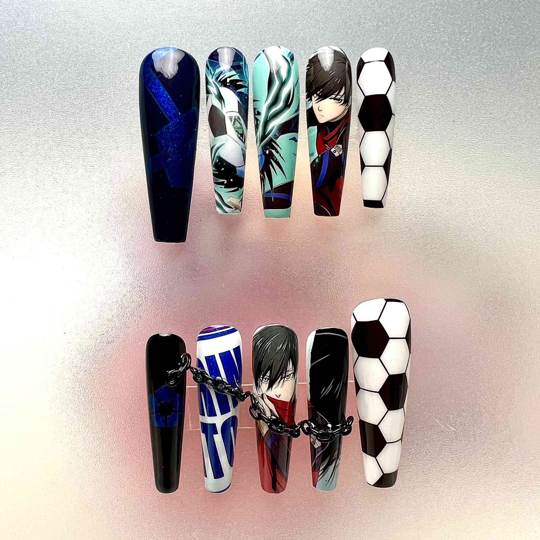 Itoshi Rin &amp; Sae Nails – Blue Lock Anime Press-On Set, 3D Chain &amp; Soccer Design | Dragonnail
