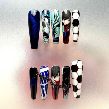 Itoshi Rin &amp; Sae Nails – Blue Lock Anime Press-On Set, 3D Chain &amp; Soccer Design | Dragonnail