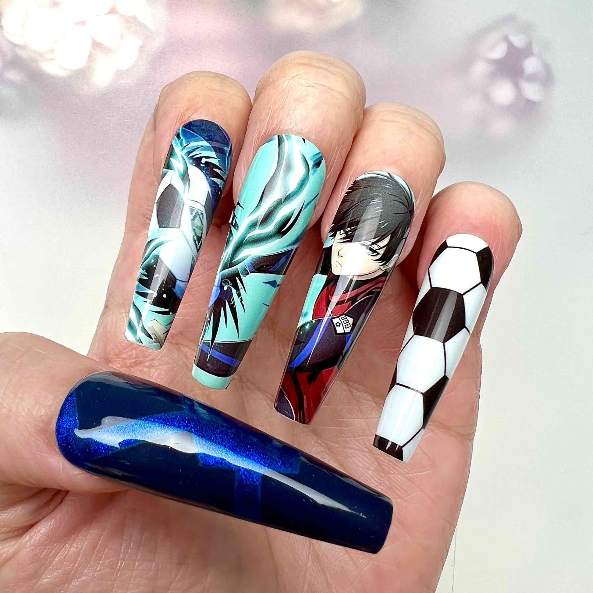 Itoshi Rin &amp; Sae Nails – Blue Lock Anime Press-On Set, 3D Chain &amp; Soccer Design | Dragonnail