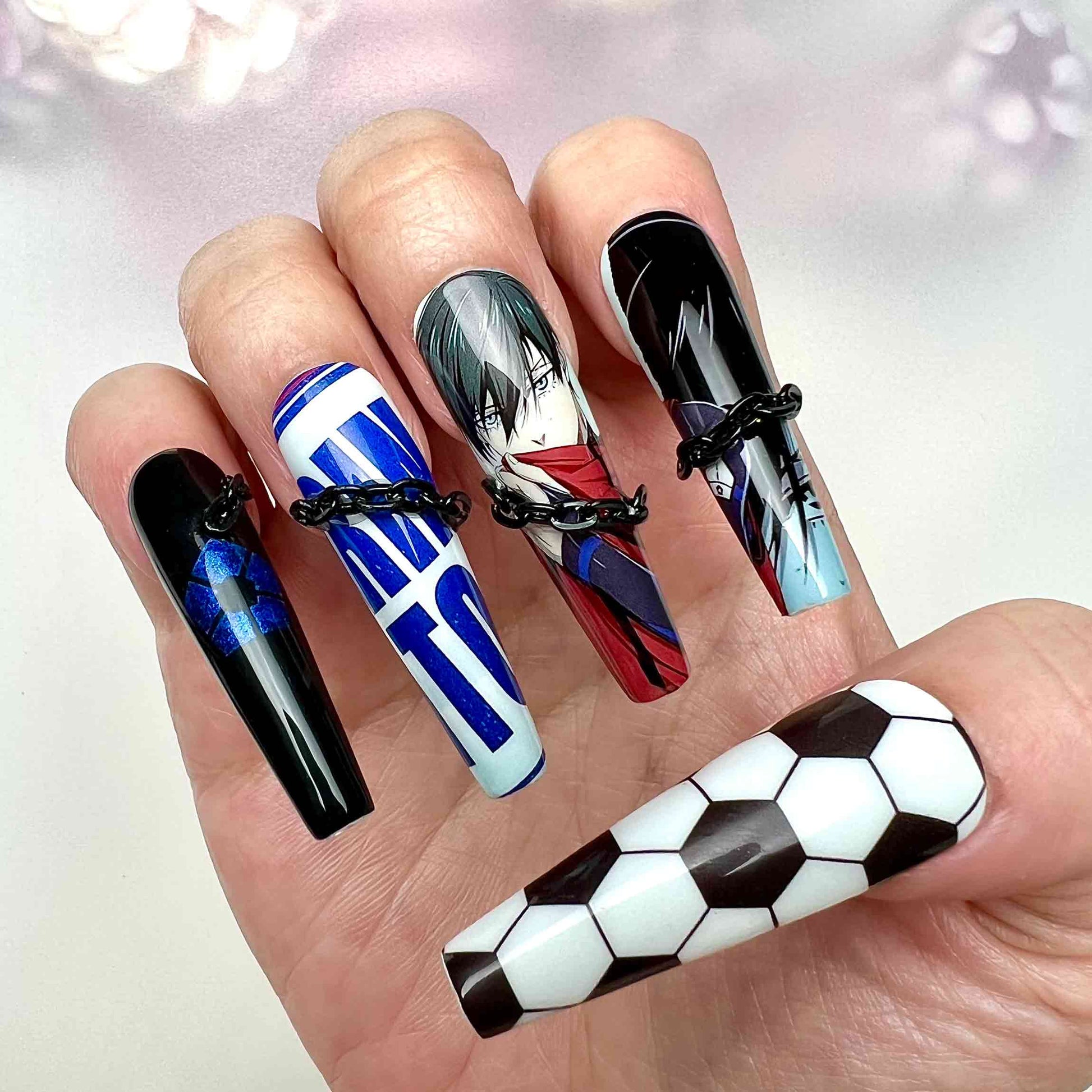Itoshi Rin &amp; Sae Nails – Blue Lock Anime Press-On Set, 3D Chain &amp; Soccer Design | Dragonnail