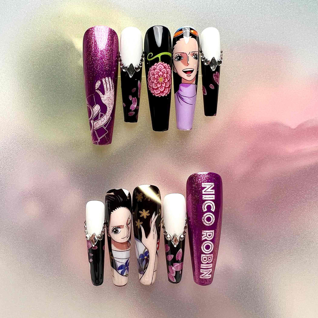 Nico Robin Nails – One Piece Anime Press-On Set, 3D Gem &amp; Purple Glitter "Hana Hana no Mi" Design | Dragonnail