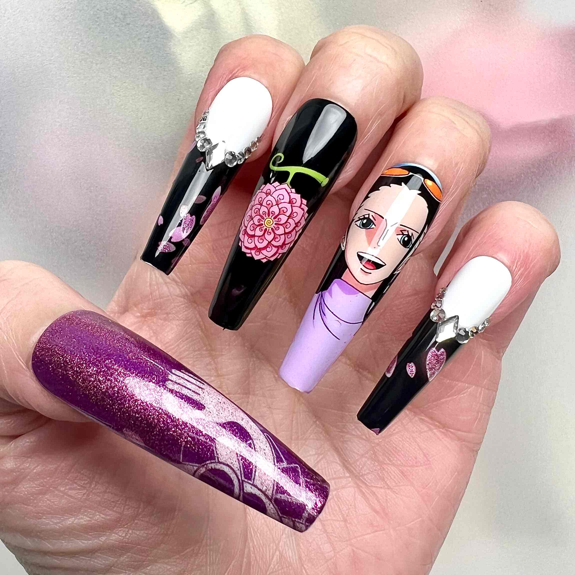Nico Robin Nails – One Piece Anime Press-On Set, 3D Gem &amp; Purple Glitter "Hana Hana no Mi" Design | Dragonnail