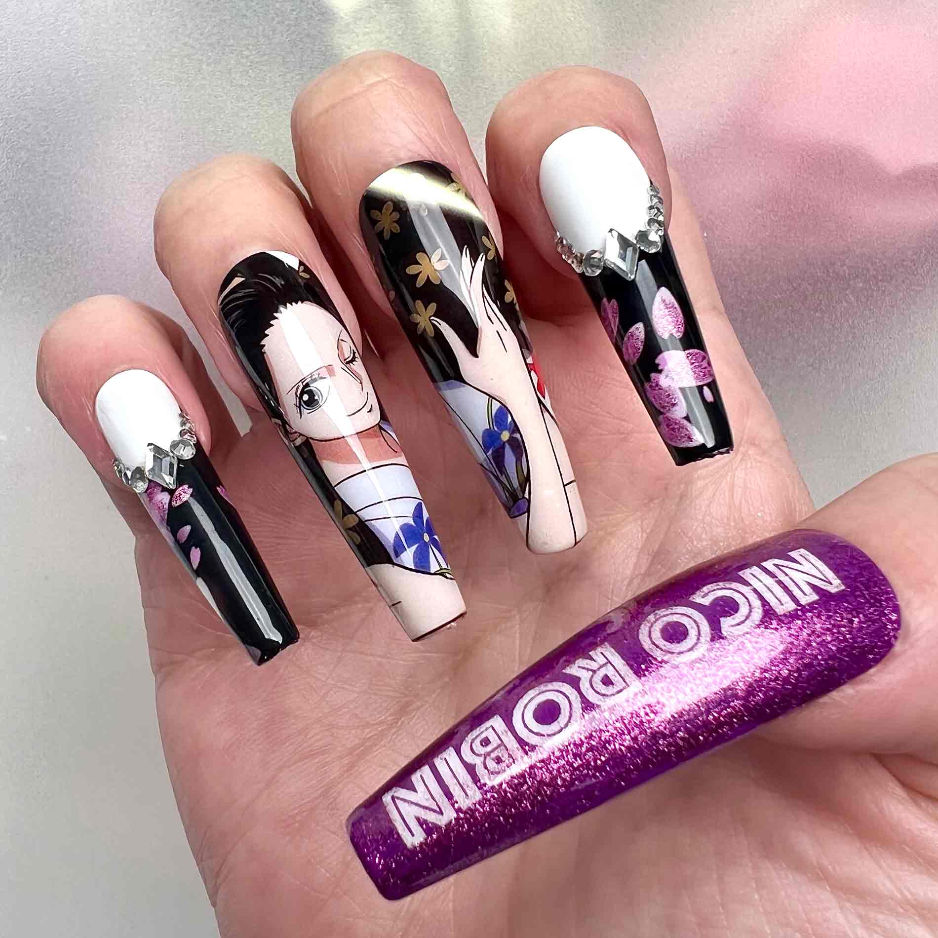 Nico Robin Nails – One Piece Anime Press-On Set, 3D Gem &amp; Purple Glitter "Hana Hana no Mi" Design | Dragonnail