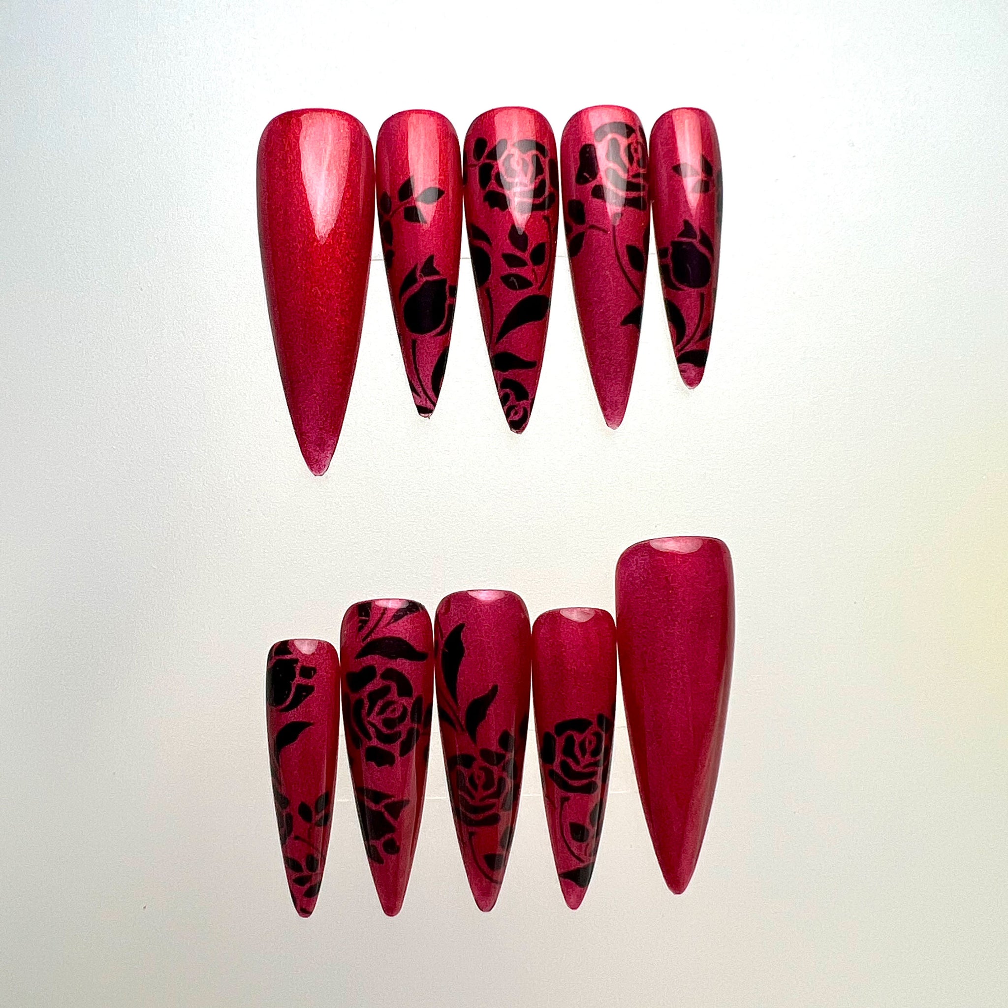 Gothic Rose Nails – Metallic Magenta Press-On Set, Black Floral Stiletto Design | Dragonnail