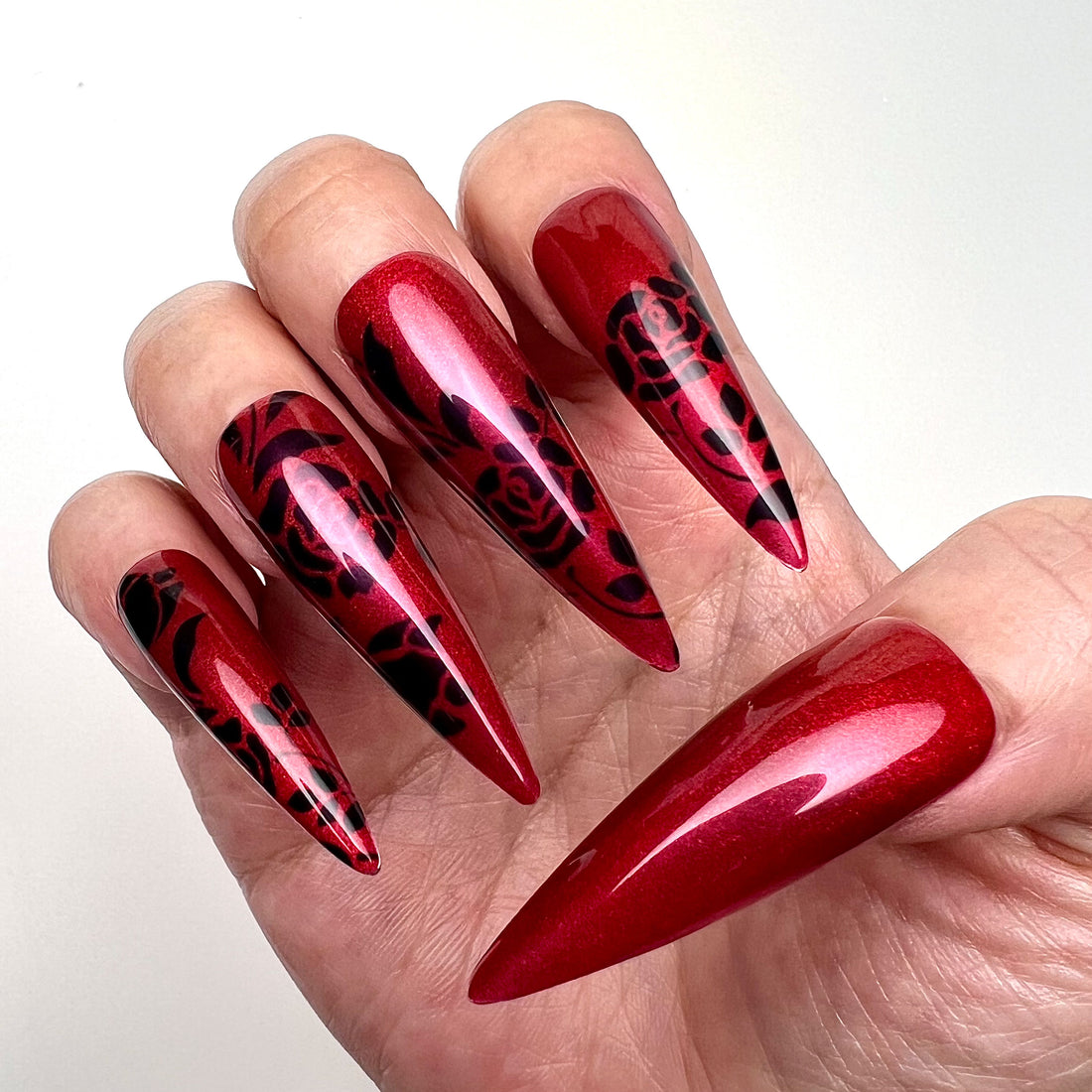 Gothic Rose Nails – Metallic Magenta Press-On Set, Black Floral Stiletto Design | Dragonnail