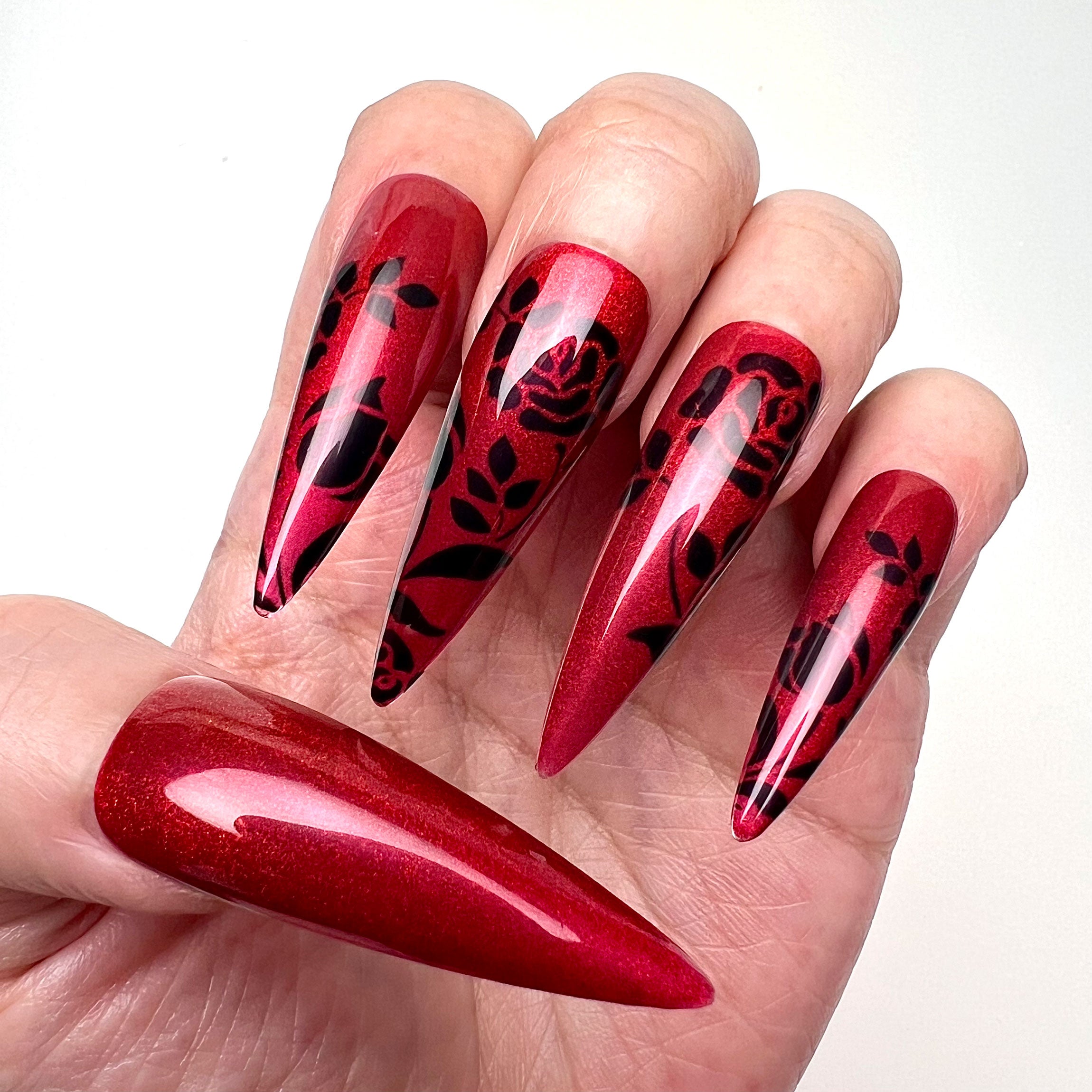 Gothic Rose Nails – Metallic Magenta Press-On Set, Black Floral Stiletto Design | Dragonnail