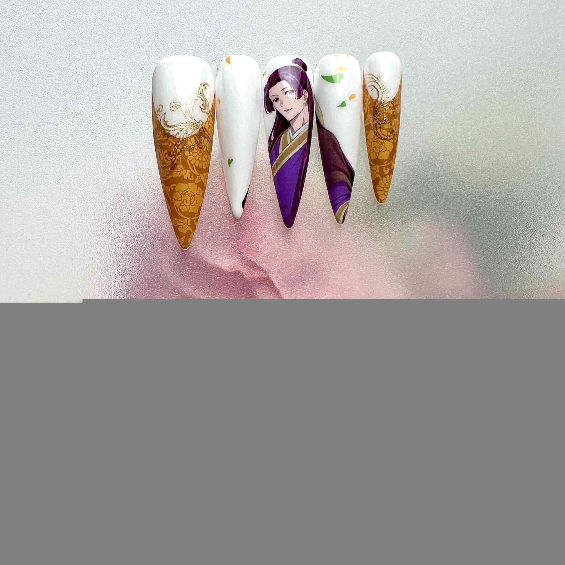 Kiyoka Kudo Nails – My Happy Marriage Press-On Set, Elegant Gold Dragon &amp; Purple Robe Anime Design | Dragonnail