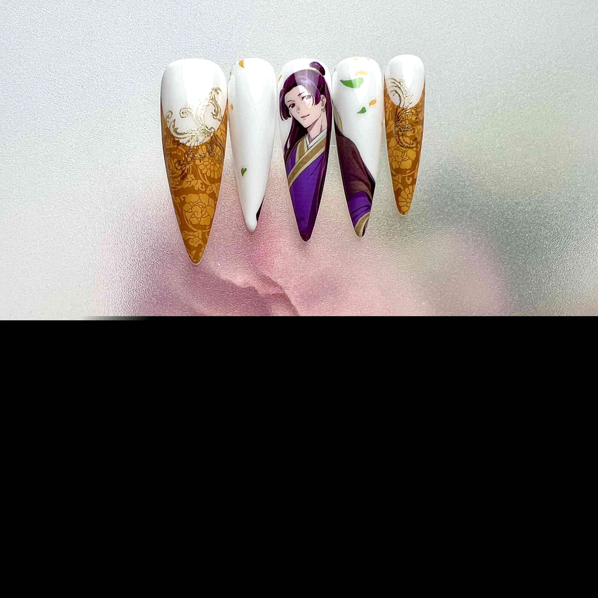 Kiyoka Kudo Nails – My Happy Marriage Press-On Set, Elegant Gold Dragon &amp; Purple Robe Anime Design | Dragonnail