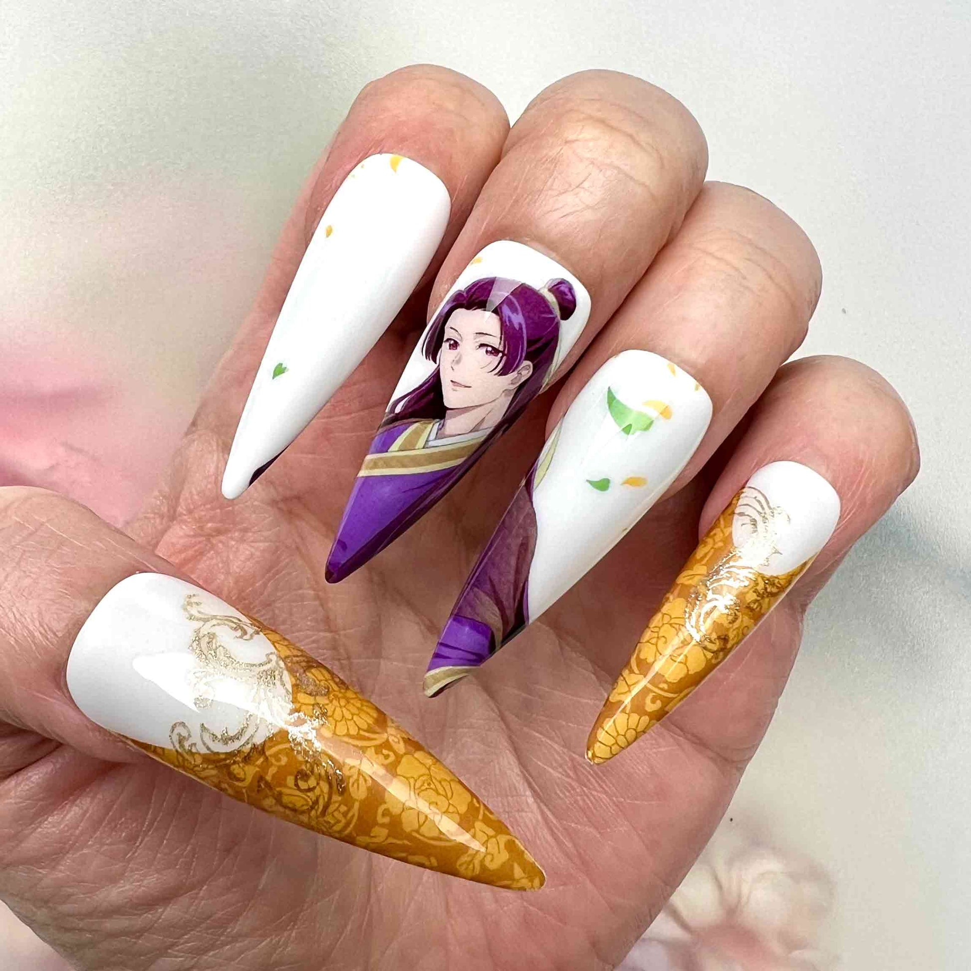 Kiyoka Kudo Nails – My Happy Marriage Press-On Set, Elegant Gold Dragon &amp; Purple Robe Anime Design | Dragonnail