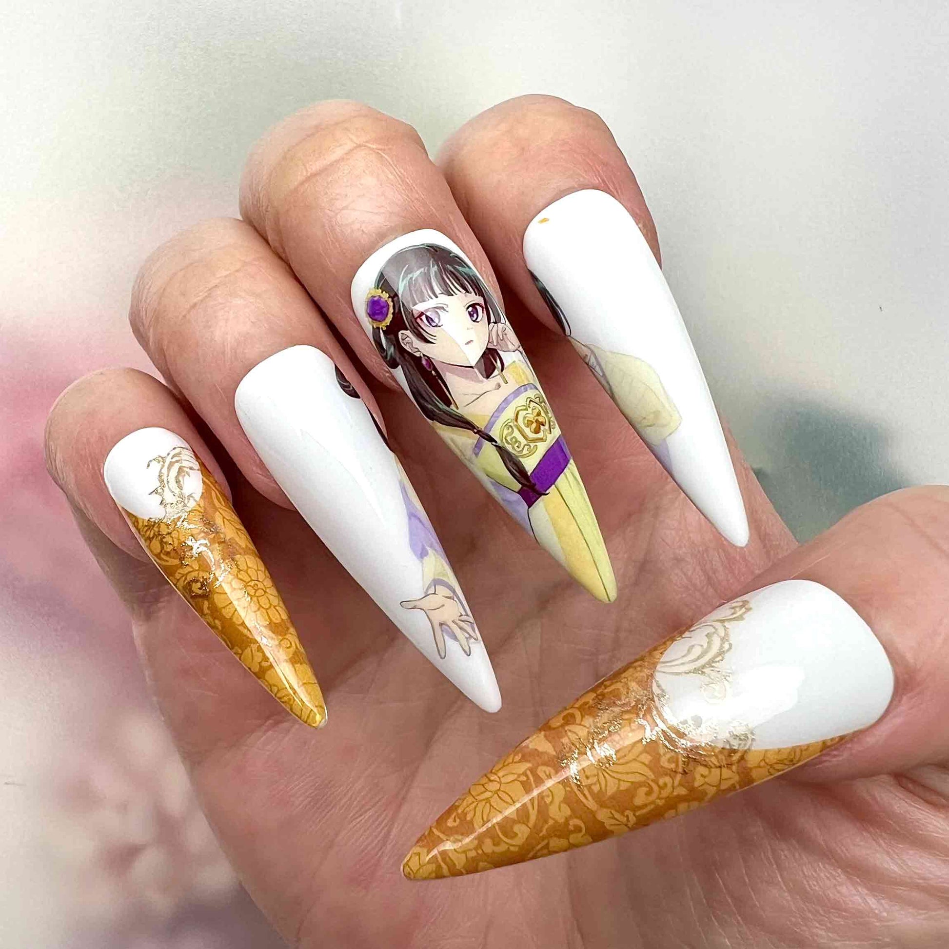 Kiyoka Kudo Nails – My Happy Marriage Press-On Set, Elegant Gold Dragon &amp; Purple Robe Anime Design | Dragonnail