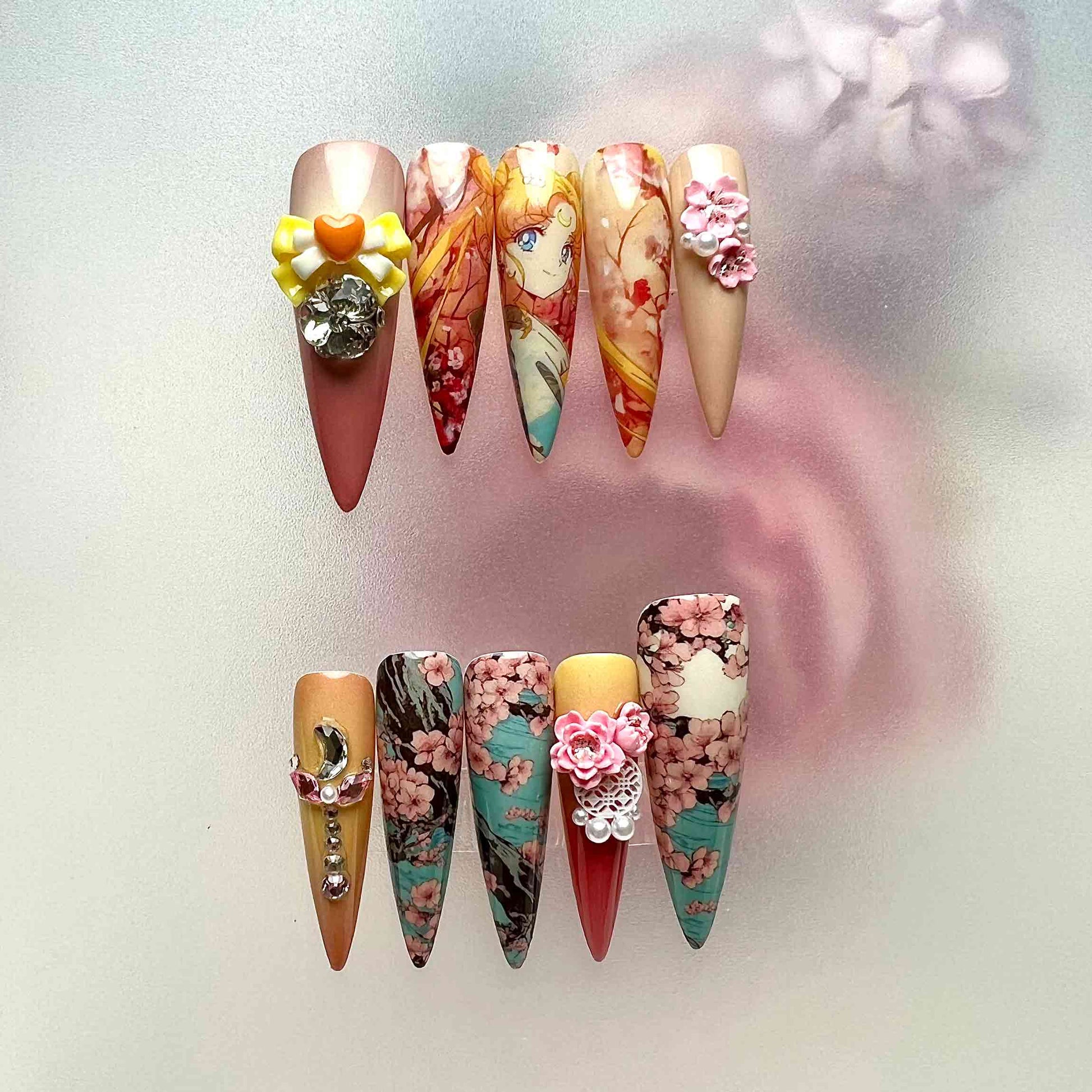 Sailor Moon Nails – Usagi Tsukino Press-On Set, 3D Sakura &amp; Crystal Bow Anime Design | Dragonnail
