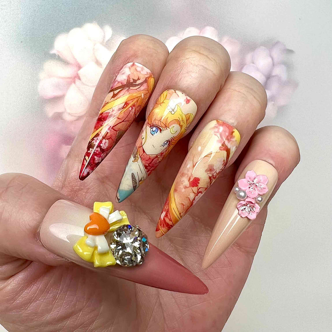 Sailor Moon Nails – Usagi Tsukino Press-On Set, 3D Sakura &amp; Crystal Bow Anime Design | Dragonnail