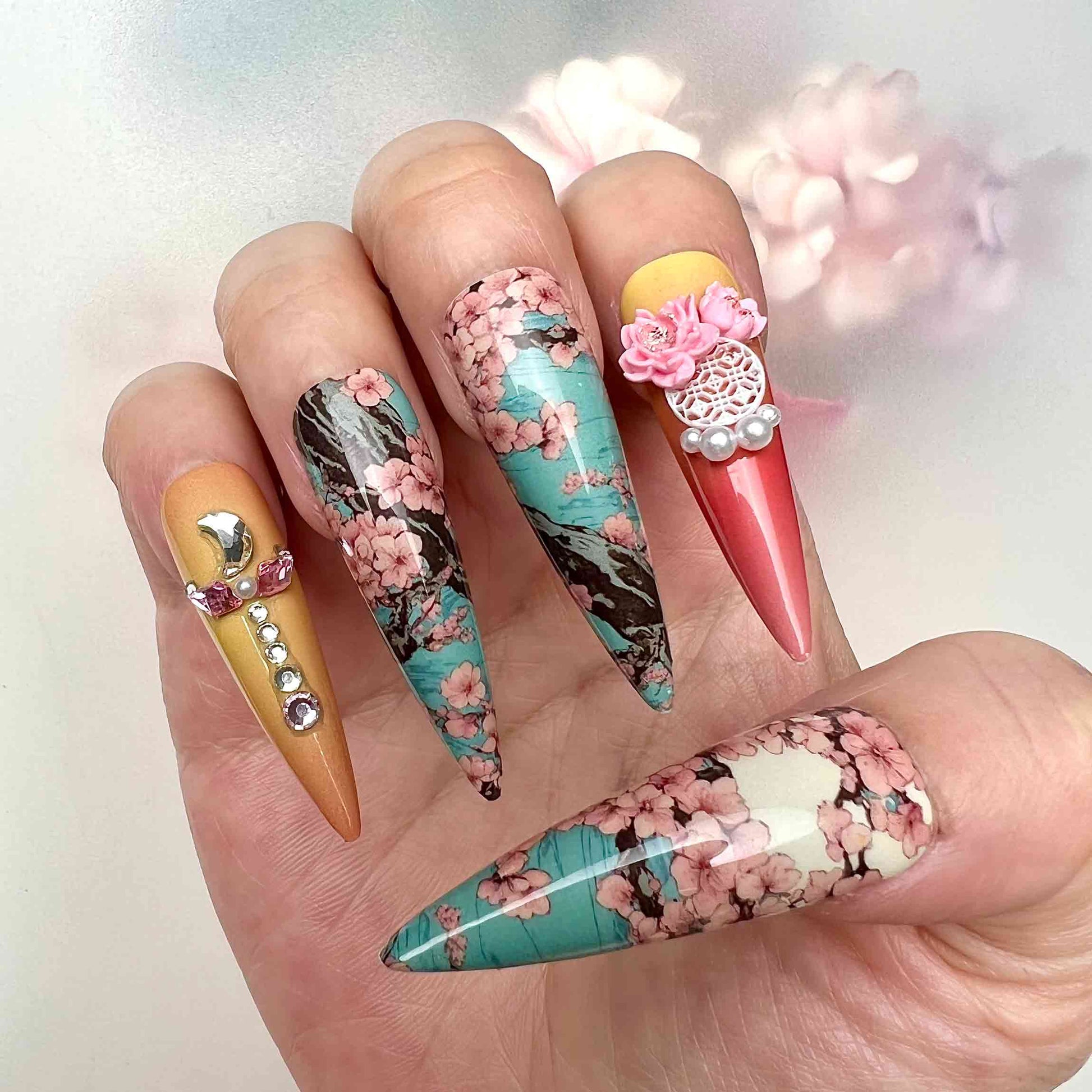 Sailor Moon Nails – Usagi Tsukino Press-On Set, 3D Sakura &amp; Crystal Bow Anime Design | Dragonnail