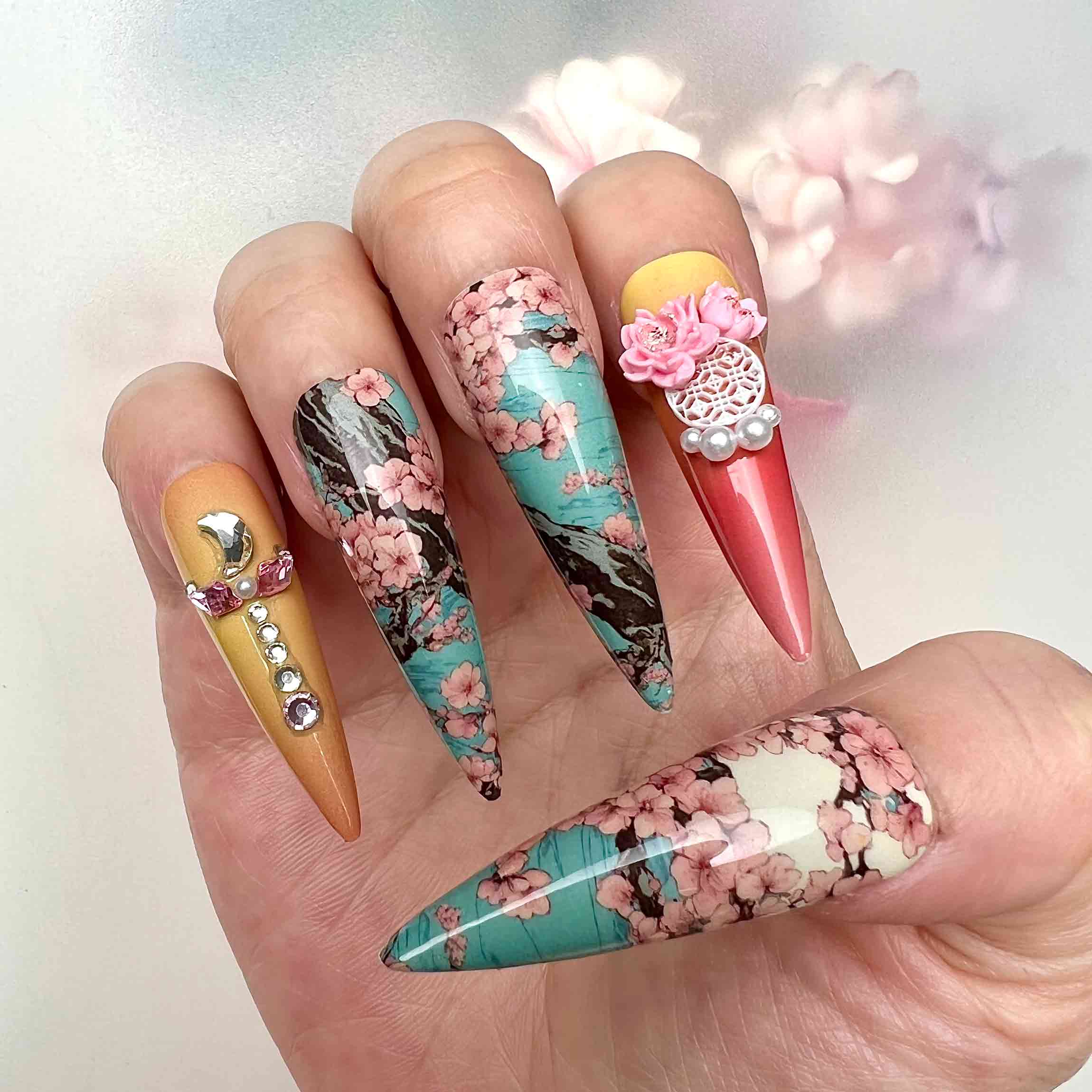 Sailor Moon Nails – Usagi Tsukino Press-On Set, 3D Sakura &amp; Crystal Bow Anime Design | Dragonnail