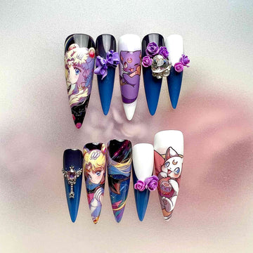 Sailor Moon Cosmic Heart Press-On Nails | Magical Girl Set feat. Princess Serenity, Luna &amp; Artemis | 3D Roses &amp; Crystal Charms | Dragonnail
