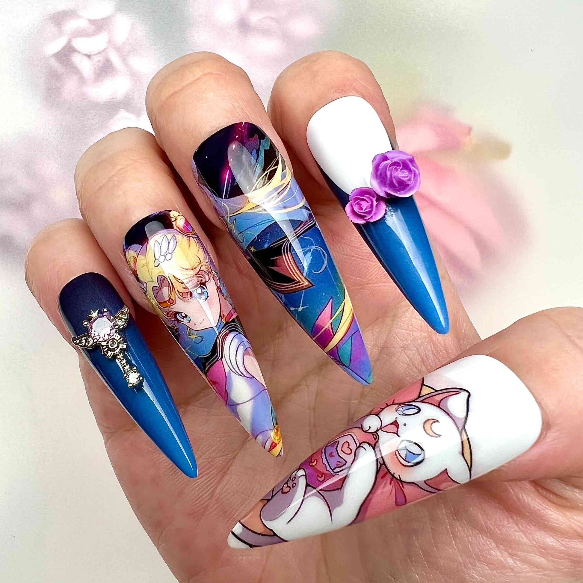 Sailor Moon Cosmic Heart Press-On Nails | Magical Girl Set feat. Princess Serenity, Luna &amp; Artemis | 3D Roses &amp; Crystal Charms | Dragonnail