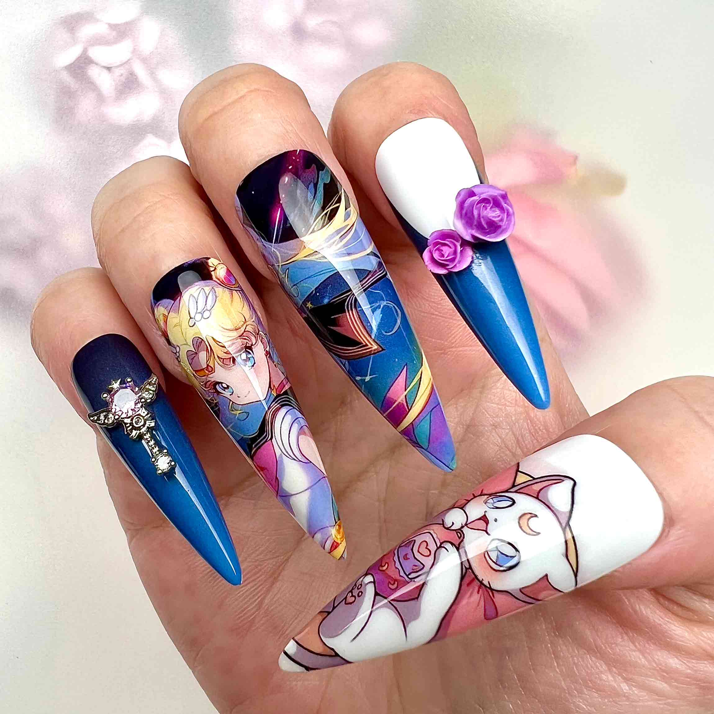 Sailor Moon Cosmic Heart Press-On Nails | Magical Girl Set feat. Princess Serenity, Luna &amp; Artemis | 3D Roses &amp; Crystal Charms | Dragonnail