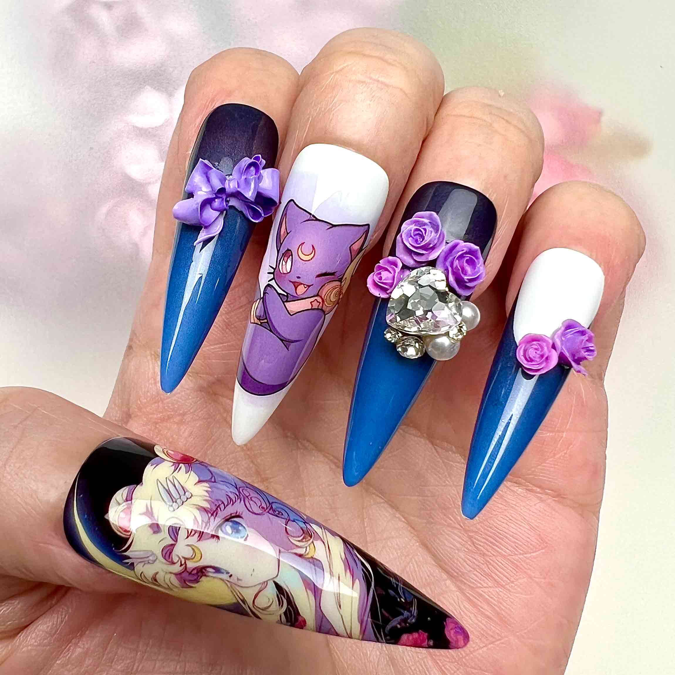 Sailor Moon Cosmic Heart Press-On Nails | Magical Girl Set feat. Princess Serenity, Luna &amp; Artemis | 3D Roses &amp; Crystal Charms | Dragonnail