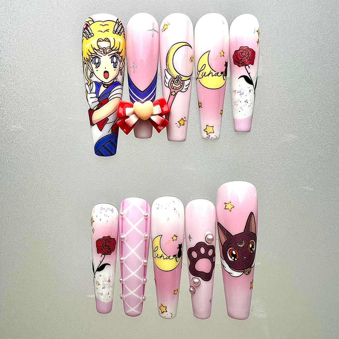 Sailor Moon Nails – Usagi &amp; Luna Press-On Set, 3D Bow, Pink Heart &amp; Magical Girl Design | Dragonnail