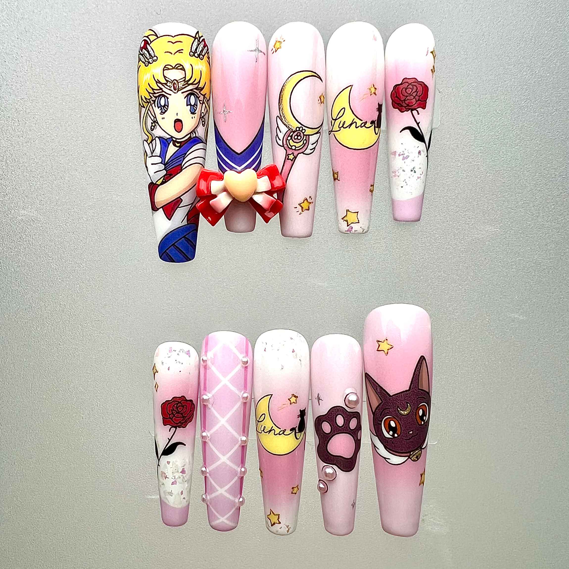 Sailor Moon Nails – Usagi &amp; Luna Press-On Set, 3D Bow, Pink Heart &amp; Magical Girl Design | Dragonnail