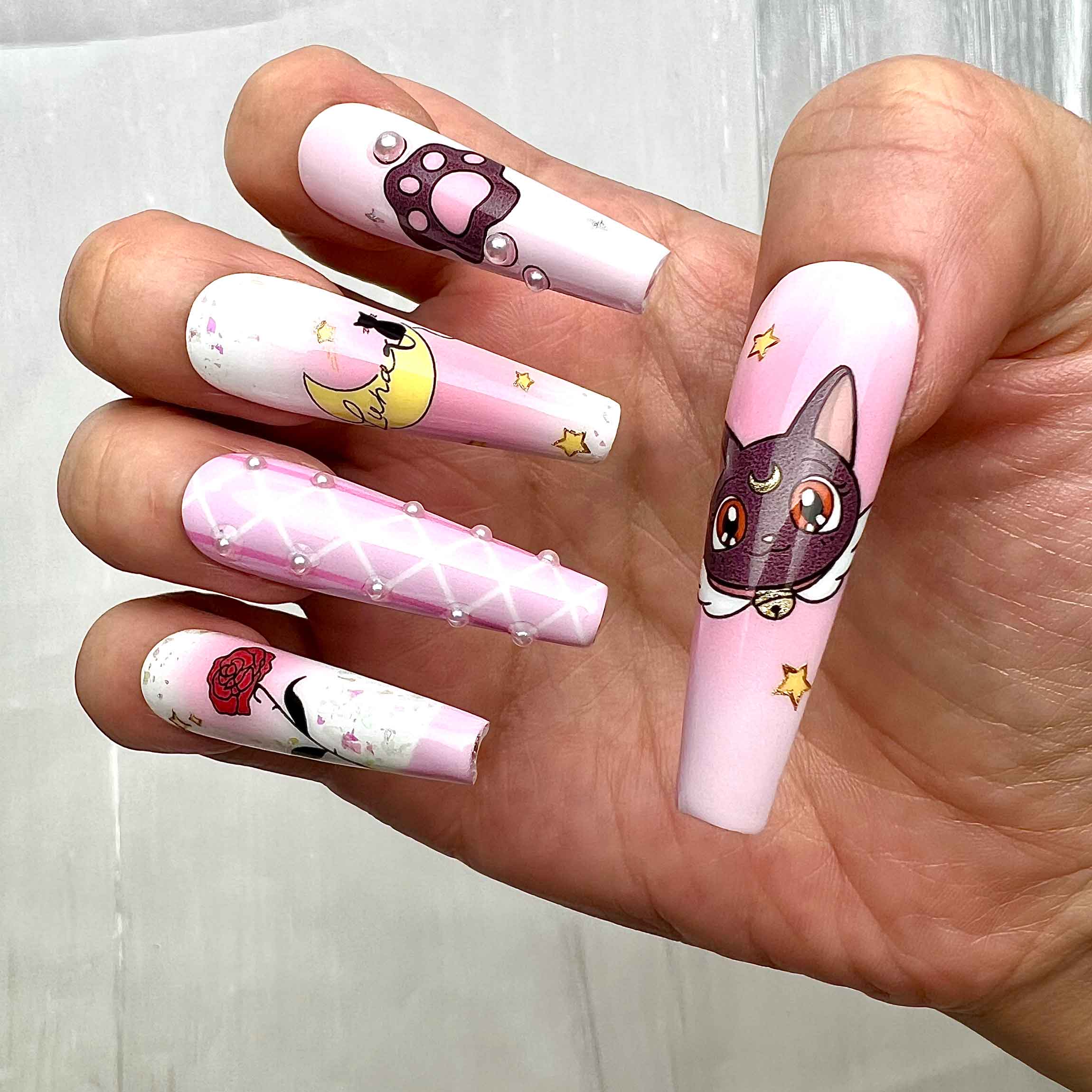 Sailor Moon Nails – Usagi &amp; Luna Press-On Set, 3D Bow, Pink Heart &amp; Magical Girl Design | Dragonnail