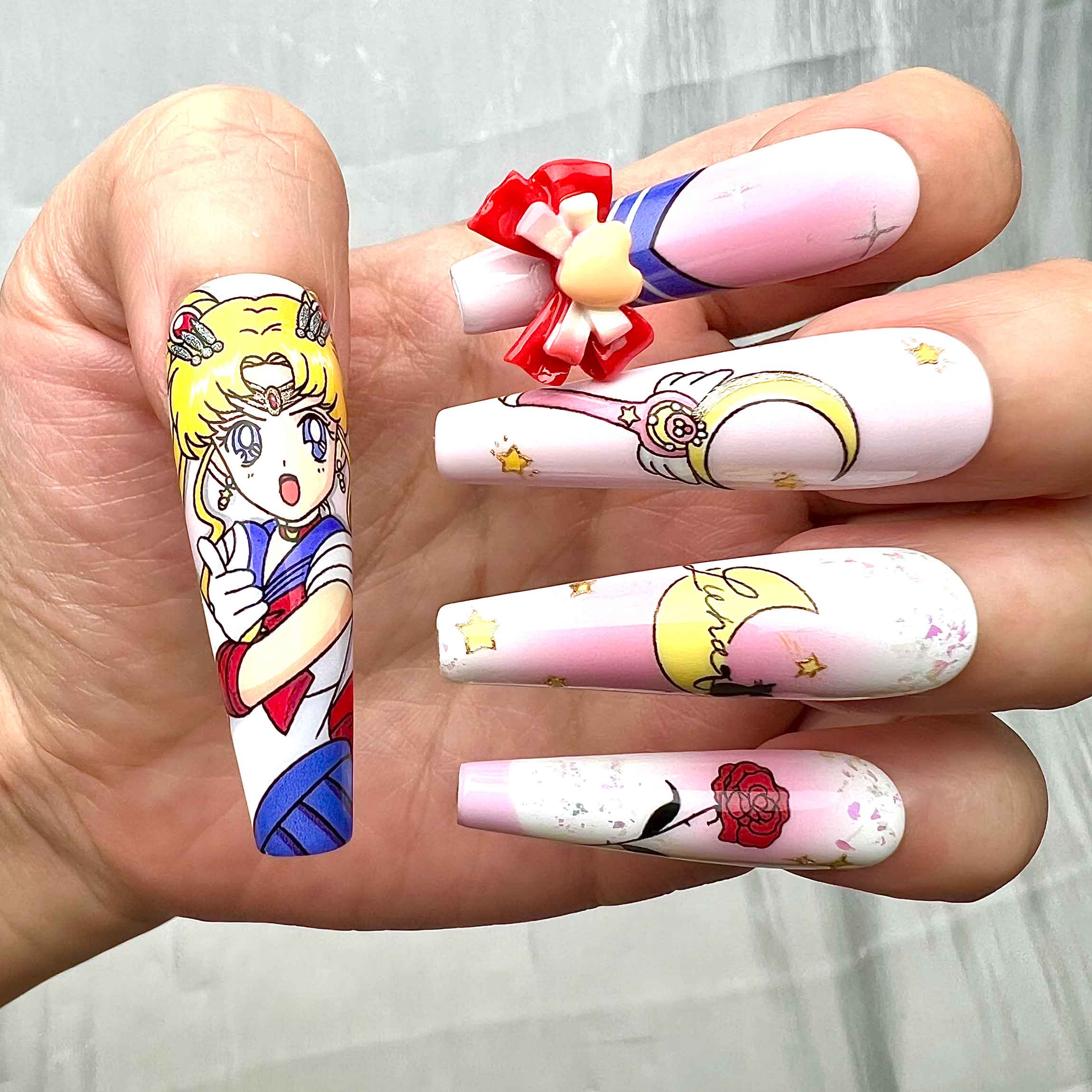 Sailor Moon Nails – Usagi &amp; Luna Press-On Set, 3D Bow, Pink Heart &amp; Magical Girl Design | Dragonnail
