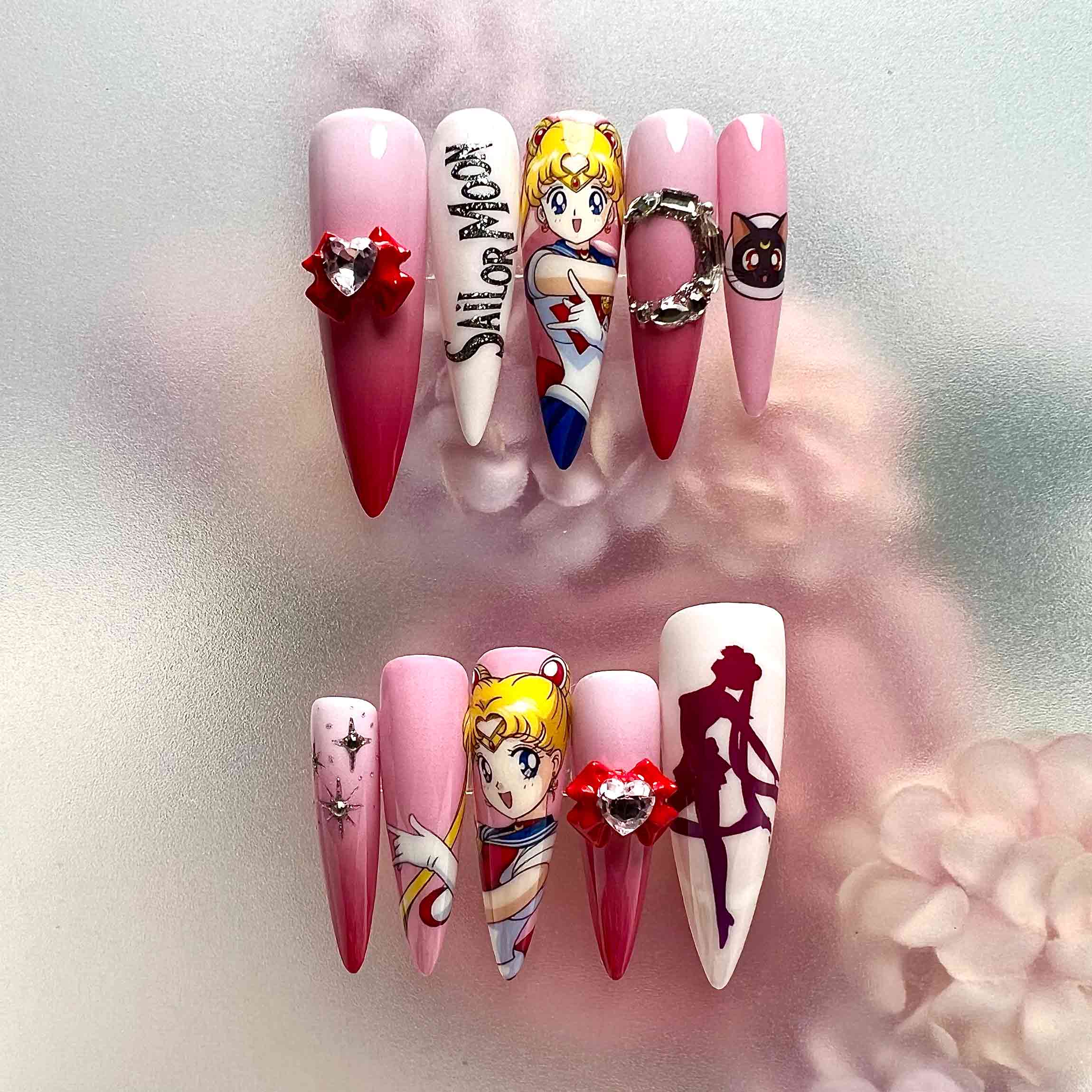 Sailor Moon Usagi Tsukino Press-On Nails | Magical Girl Pink Ombre Set feat. Luna &amp; 3D Bow Charms | Anime Stiletto Art | Dragonnail