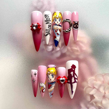 Sailor Moon Usagi Tsukino Press-On Nails | Magical Girl Pink Ombre Set feat. Luna &amp; 3D Bow Charms | Anime Stiletto Art | Dragonnail