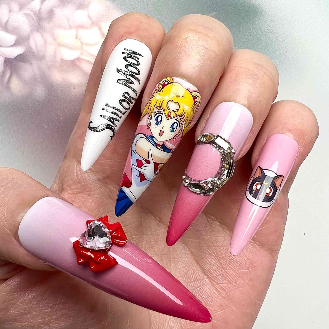 Sailor Moon Usagi Tsukino Press-On Nails | Magical Girl Pink Ombre Set feat. Luna &amp; 3D Bow Charms | Anime Stiletto Art | Dragonnail