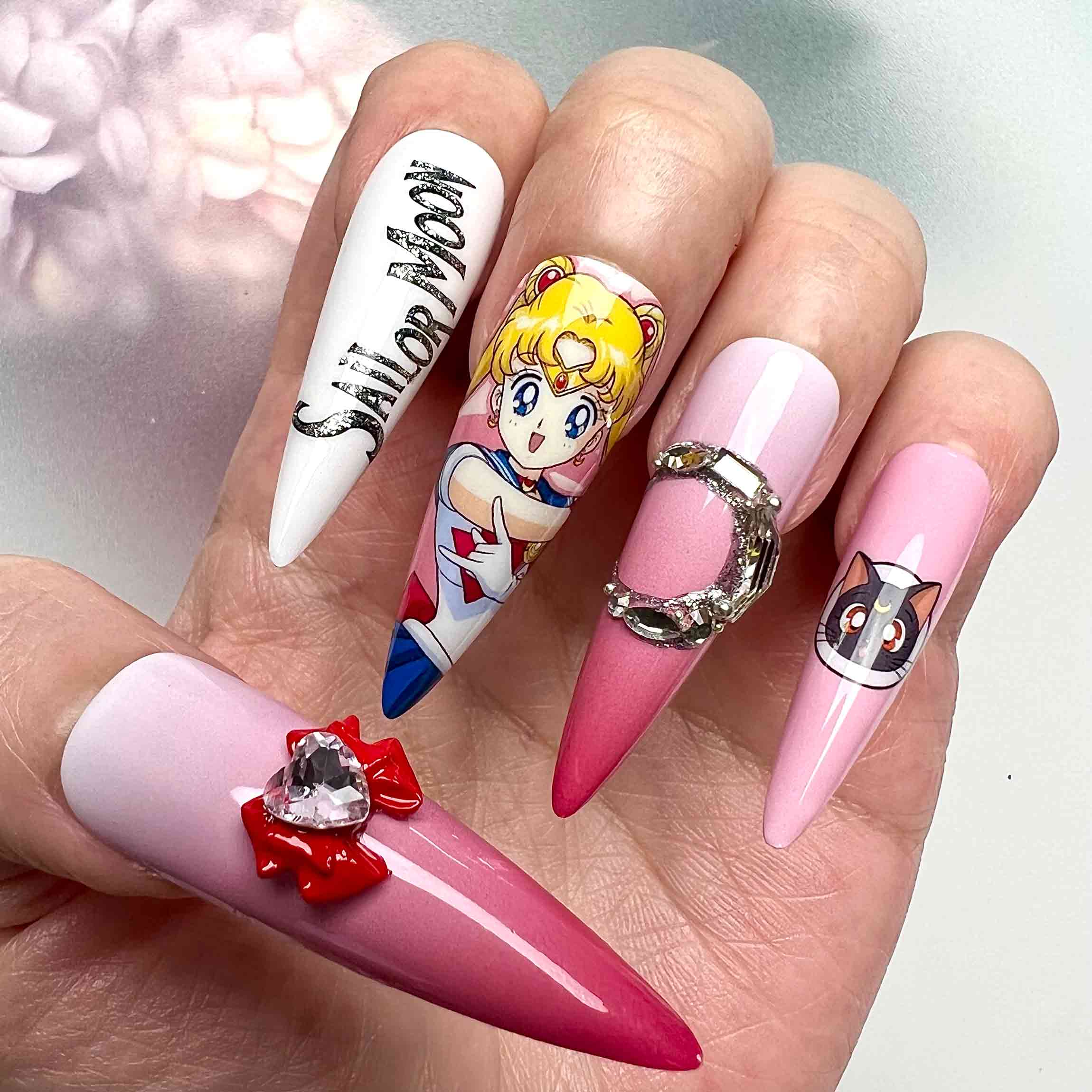 Sailor Moon Usagi Tsukino Press-On Nails | Magical Girl Pink Ombre Set feat. Luna &amp; 3D Bow Charms | Anime Stiletto Art | Dragonnail