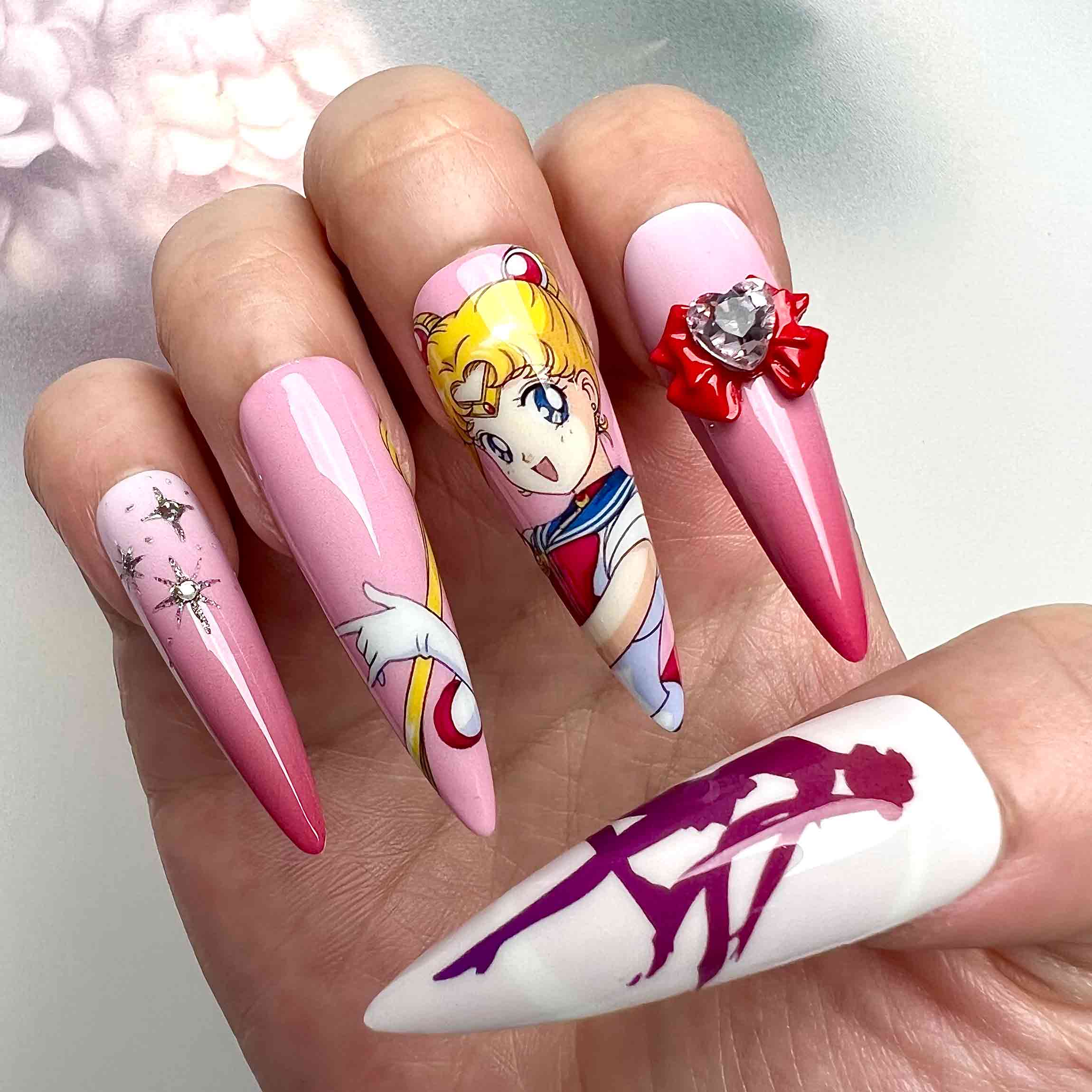 Sailor Moon Usagi Tsukino Press-On Nails | Magical Girl Pink Ombre Set feat. Luna &amp; 3D Bow Charms | Anime Stiletto Art | Dragonnail